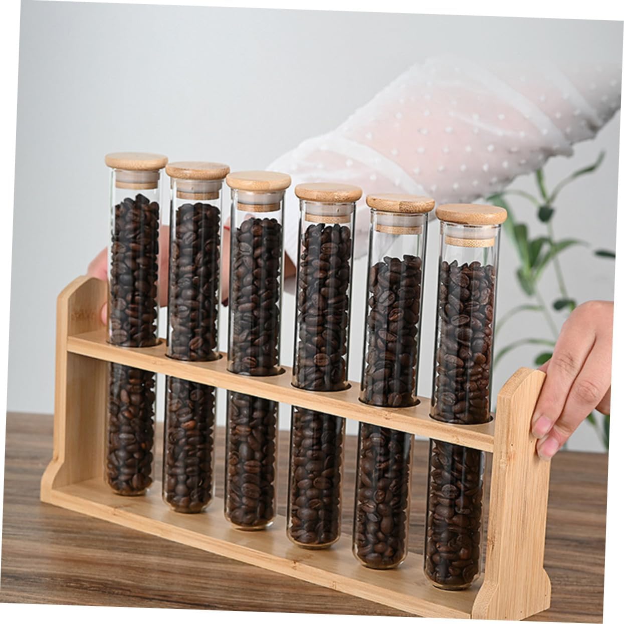 Glass Coffee Bean Storage Tubes with Airtight Sealing Lids and Wooden Display Stand Clear Glass Containers for Freshness Preservation Stylish Coffee Shop Organizer and Refined