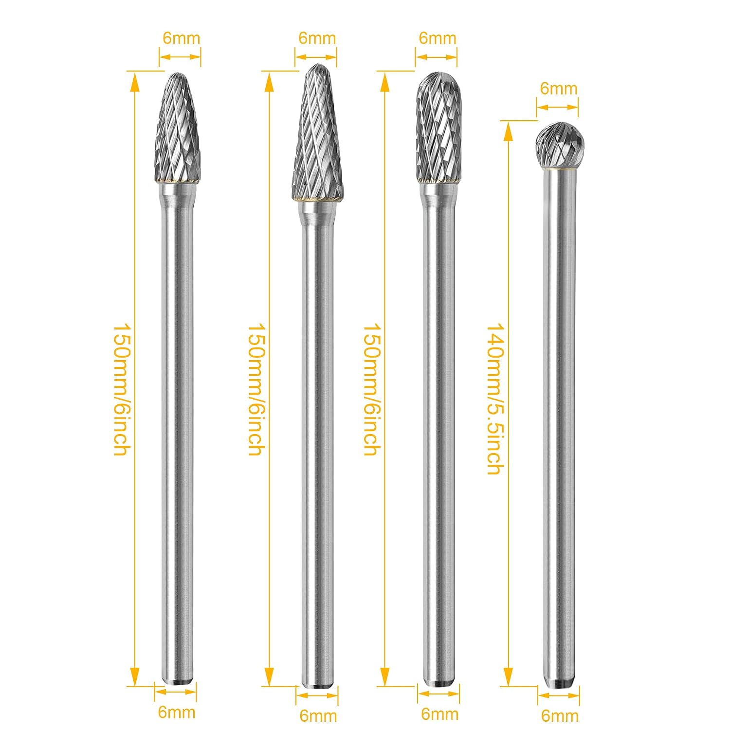 4PCS Long Carbide Burr Set 1/4" Shank Total L 6"Rotary File Long Tool Accessories for Dremel, Double Cut Tungsten Carbide Rotary Files for Metal, Wood, Aluminum, Engraving, Carving, Drilling
