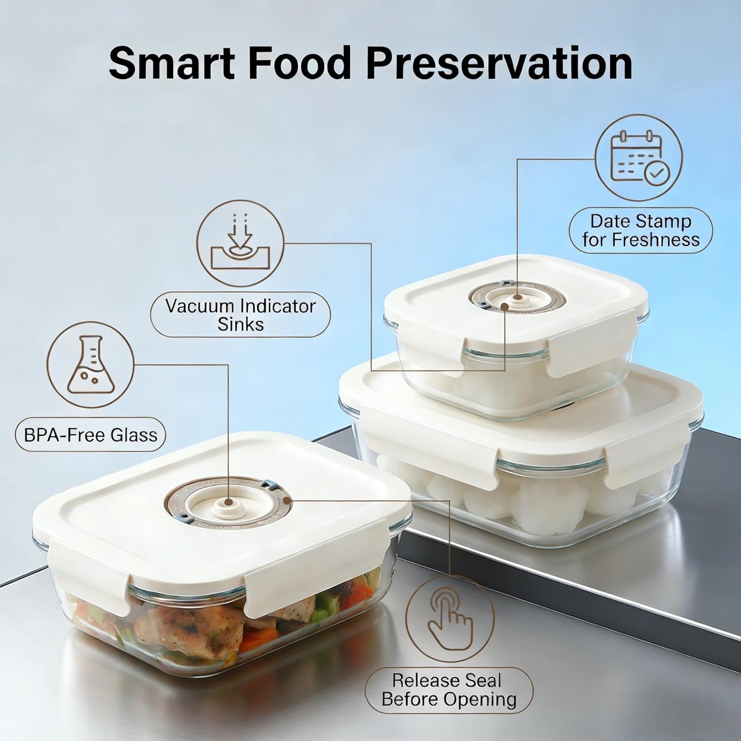 Compact Vacuum Sealer for Food with Detachable Liquid Tank, 60kPa Handheld Vacuum Sealer Machine for Meal Prep & Camping, Includes 3 Glass Vacuum Containers & 30 Reusable Puncture-Resistant Bags
