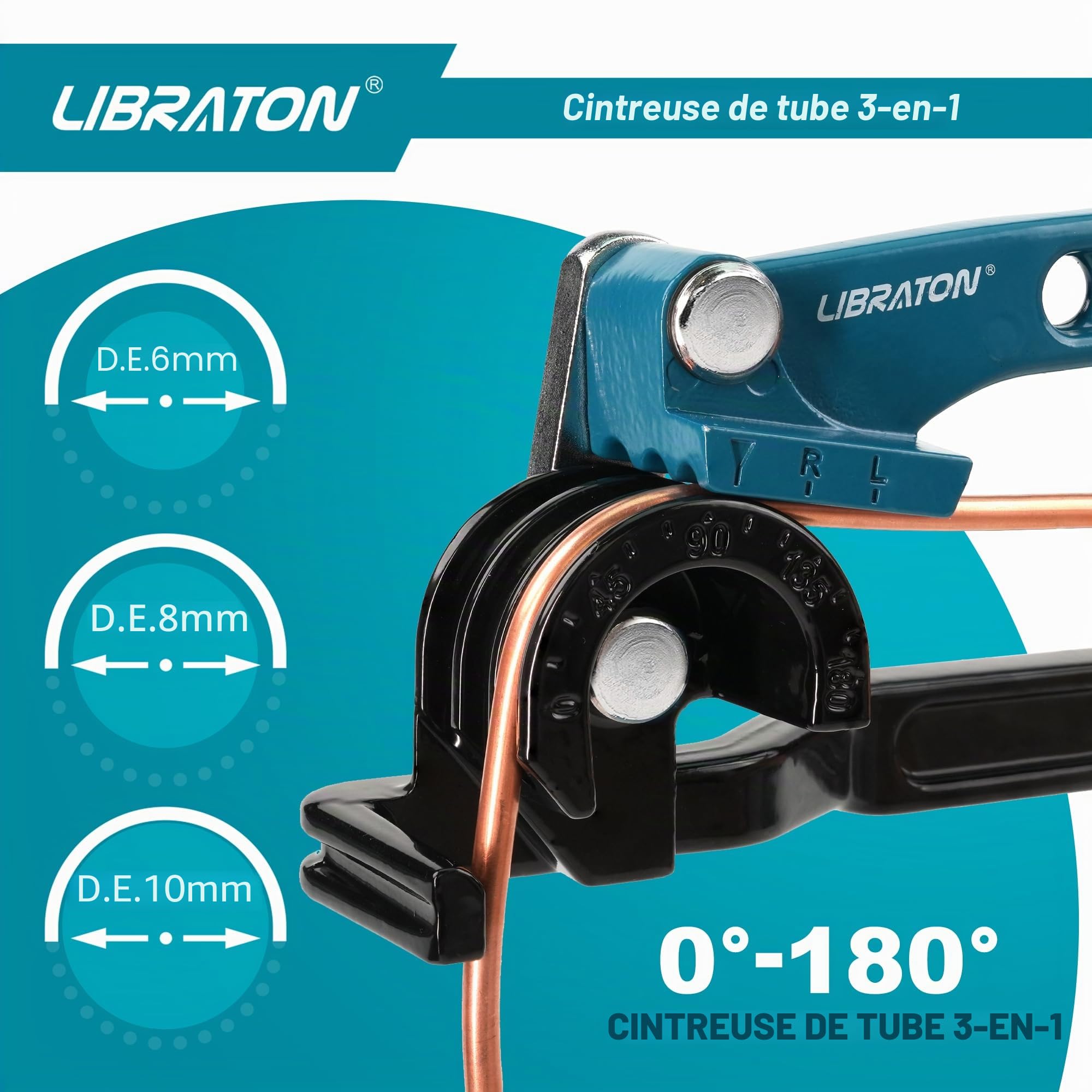 Libraton Cintreuse de tuyaux en cuivre et conduites de frein, outil de cintrage 3 en 1, cintreur de tuyaux 0-180 degrés, 6 mm, 8 mm, 10 mm, machine manuelle pour tuyaux en cuivre, aluminium et métal