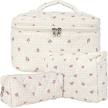 Women's Travel Cosmetic Bag Set, Cotton Toiletry Bag Set, Women's Quilted Toiletry Bag with Floral Pattern, Pack of 3, White-flower