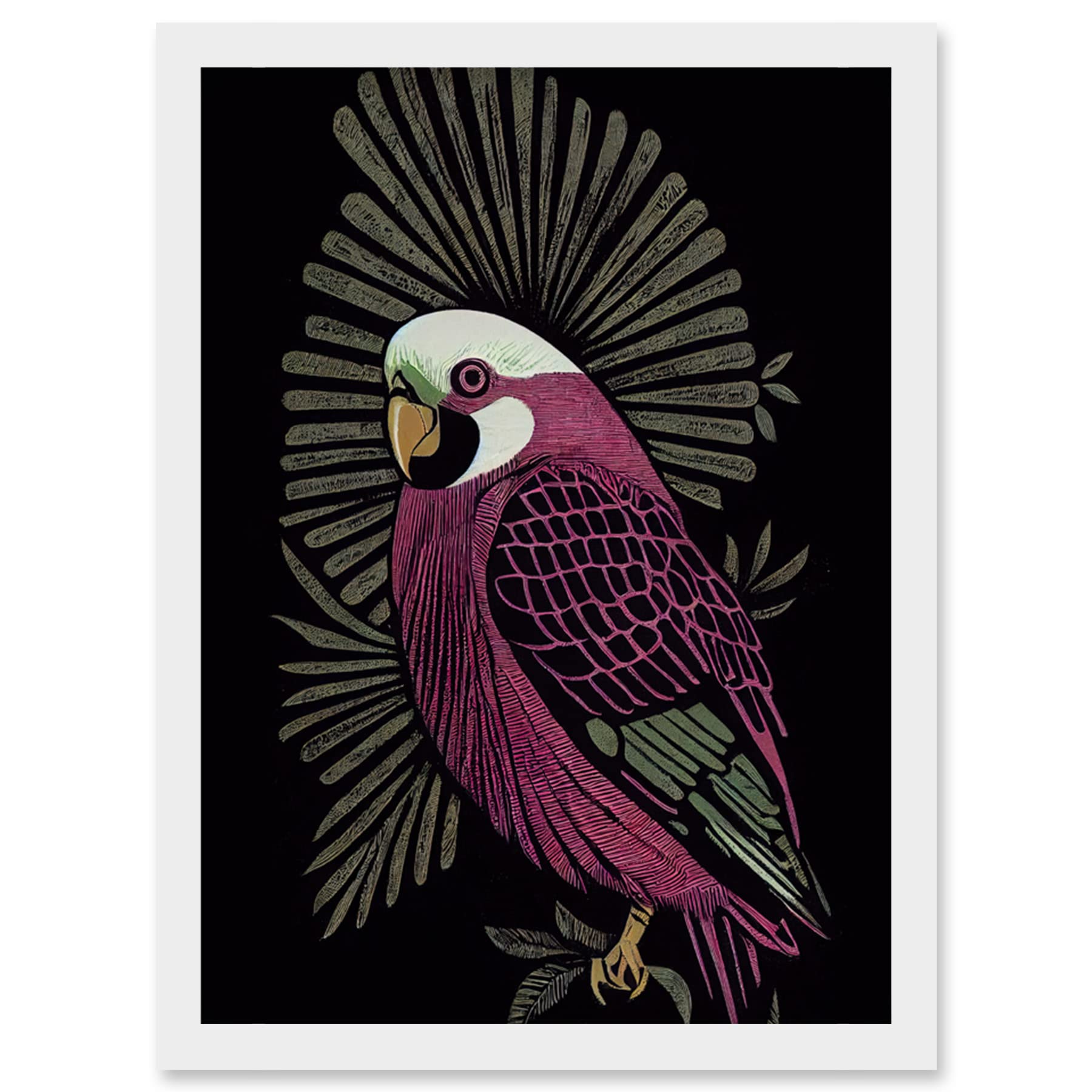 Tropical Bird Jungle Linocut Retro Framed Wall Art Picture Print A4