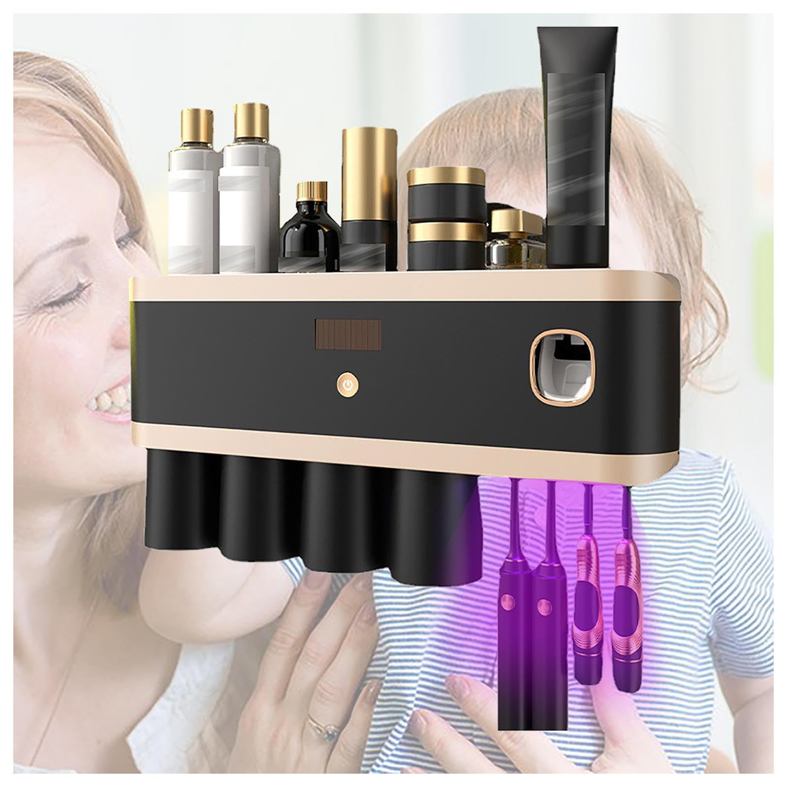 Soporte Cepillo De Dientes Inteligente Limpieza Profunda con UV, Portacepillos De Dientes Montado En La Pared con Múltiples Ranuras De Carga Solar USB, Soporte Cepillo Electrico,4-Cups