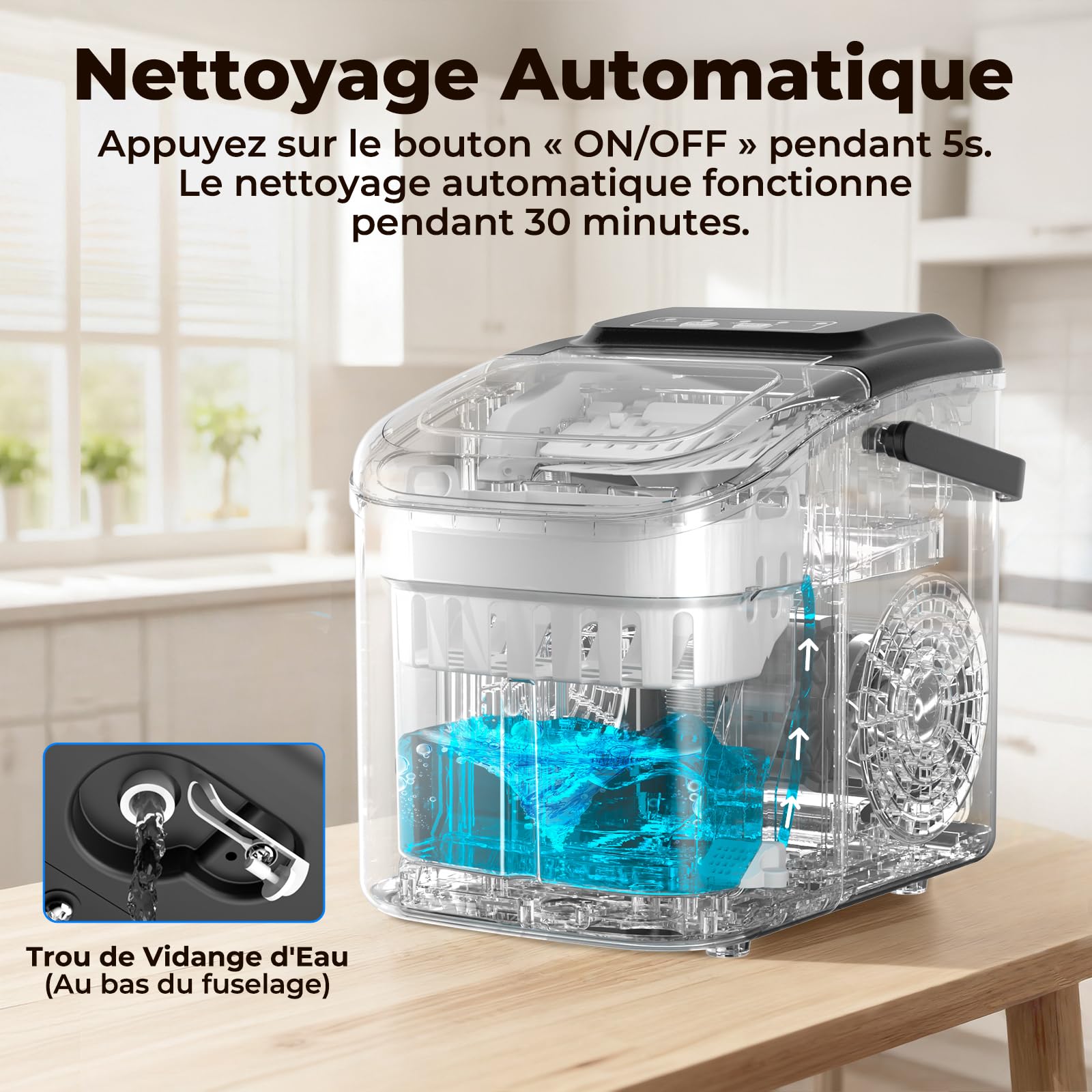Machine à Glaçons, 12kg en 24h, Portable Machine a Glacons avec Cuillère à Glace, 8 Glaçons en 6-8 Minutes, Autonettoyante, Idéale pour Maison/Cuisine/Camping