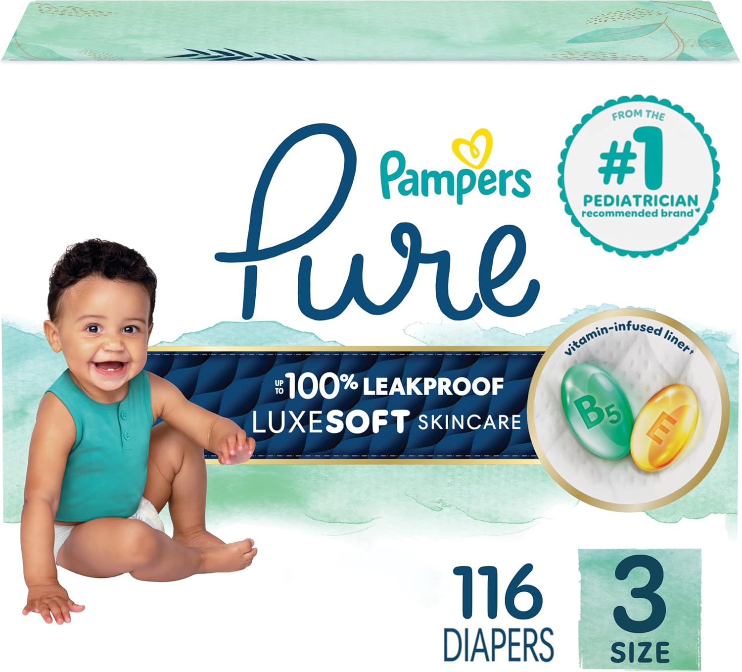 Pampers Pure Protection Baby Diapers, Size 3 (16-28 lbs), 116 Count, Up to 100% Leakproof, Premium Plant-based Skin Protection, Hypoallergenic Soft Diapers Size 3 116