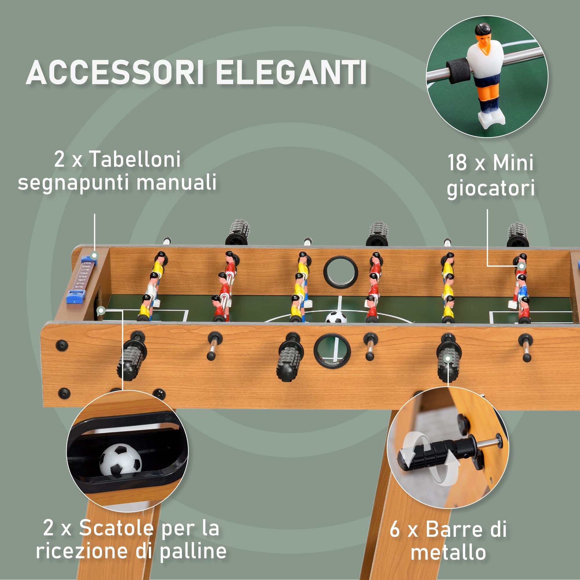 HOMCOM Calcio Balilla Pieghevole Compatto in Legno, Biliardino Salvaspazio con 6 Aste, 18 Giocatori e Segnapunti, 69x37x70cm