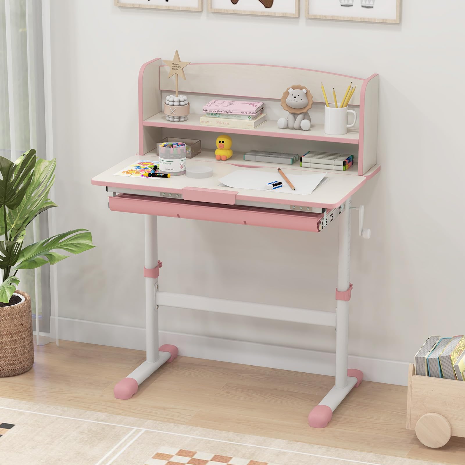 LIFEZEAL Scrivania per bambini in altezza regolabile e ripiano inclinabile, tavolo da studio con cassetto, scaffale di stoccaggio, carico 100 kg, per ragazza ragazzo 3-12 anni (rosa, 80 x 51 x 104 cm)