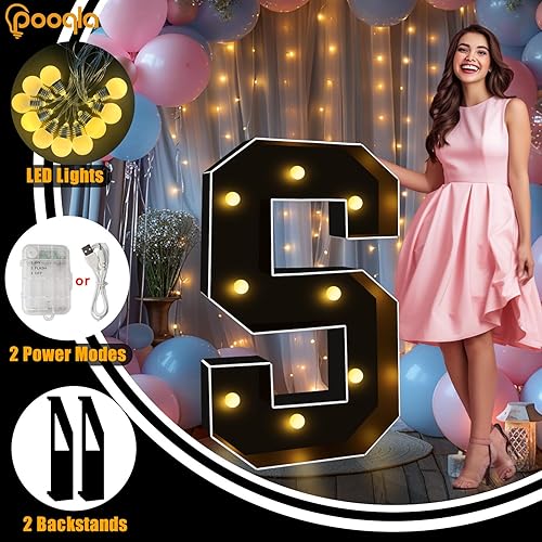 Miniatura 2 de Pooqla Letras iluminadas de marquesina negra de 3 pies, letras de marquesina con luz LED grandes para decoración de fiestas, letras de mosaico