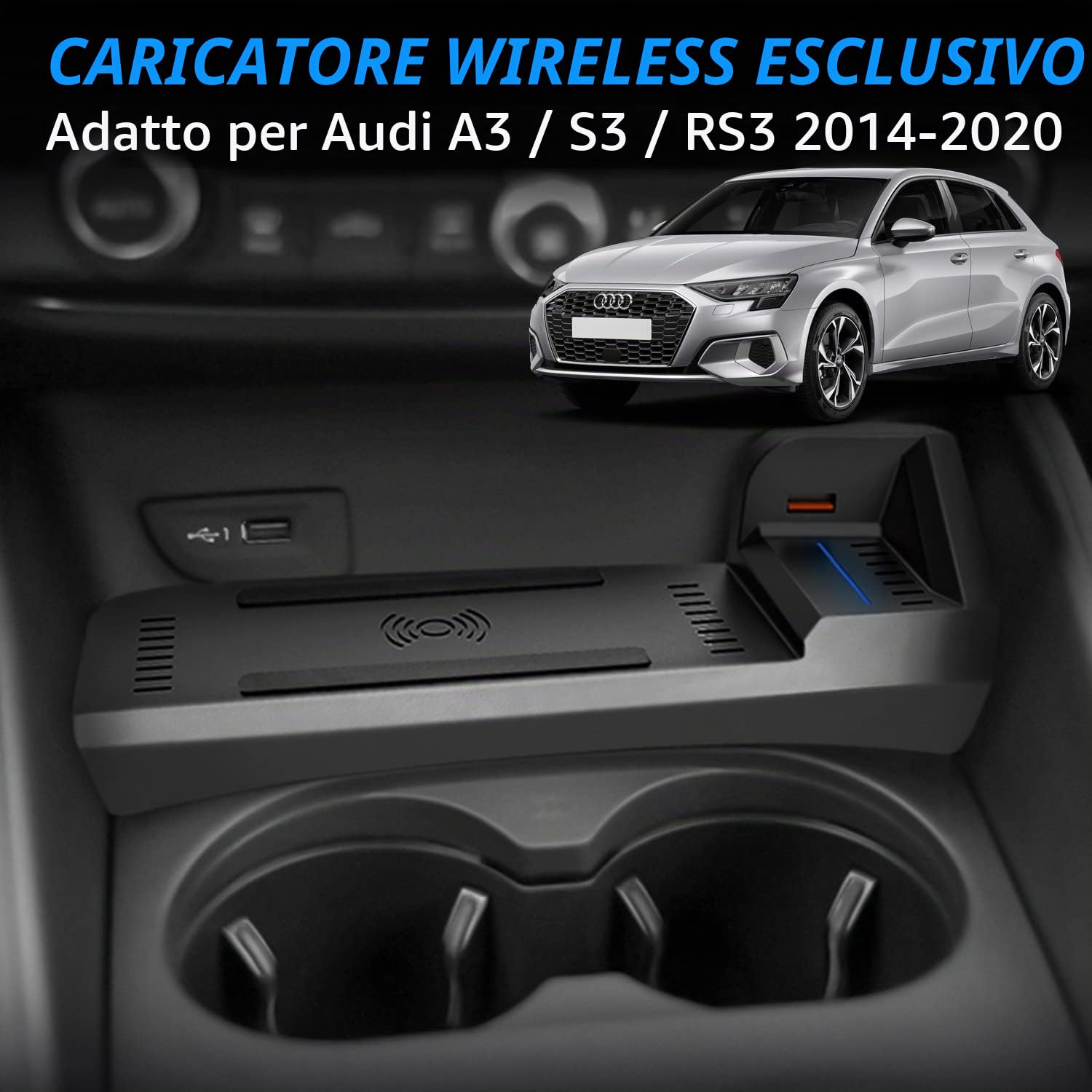 Caricabatteria da Auto Wireless per Audi A3 S3 RS3 2014 2015 2016 2017 2018 2019 2020, 15W Rapida Ricarica Telefono Pad per Audi A3 Console Centrale Accessori, Regalo per Audi Possessori