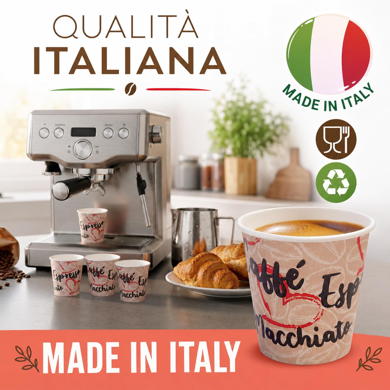 Caffetti 150 Bicchierini Caffè Carta 90 ml Made in Italy, 3 Stecche da 50 Bicchieri Monouso per Espresso, Tazzine Usa e Getta per Bar, Ufficio, Asporto, Bevande Calde, Tema Cuore