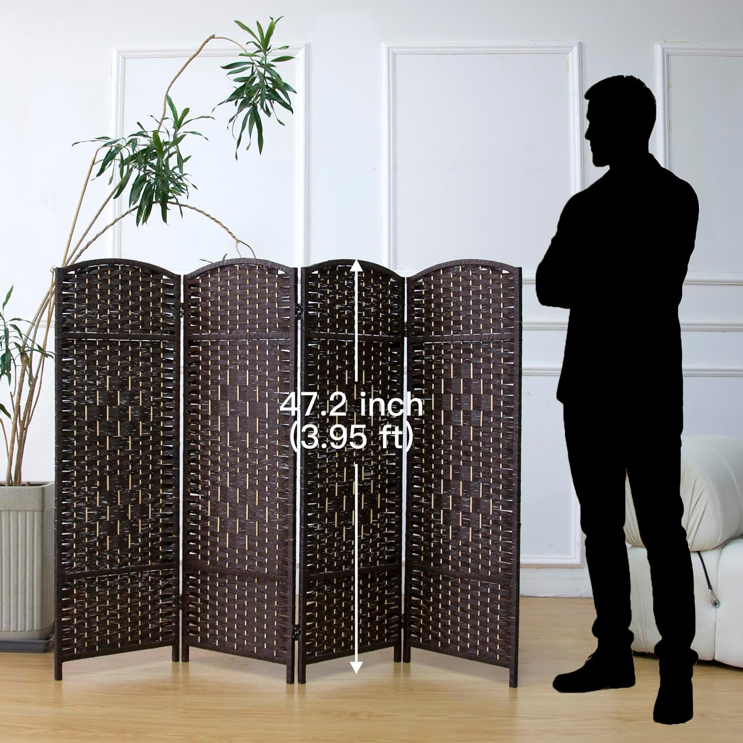 compact 4 panel short room divider, 47.2 inch tall double-sided rattan folding privacy screen for home & office,dark brown dark brown 4 panel