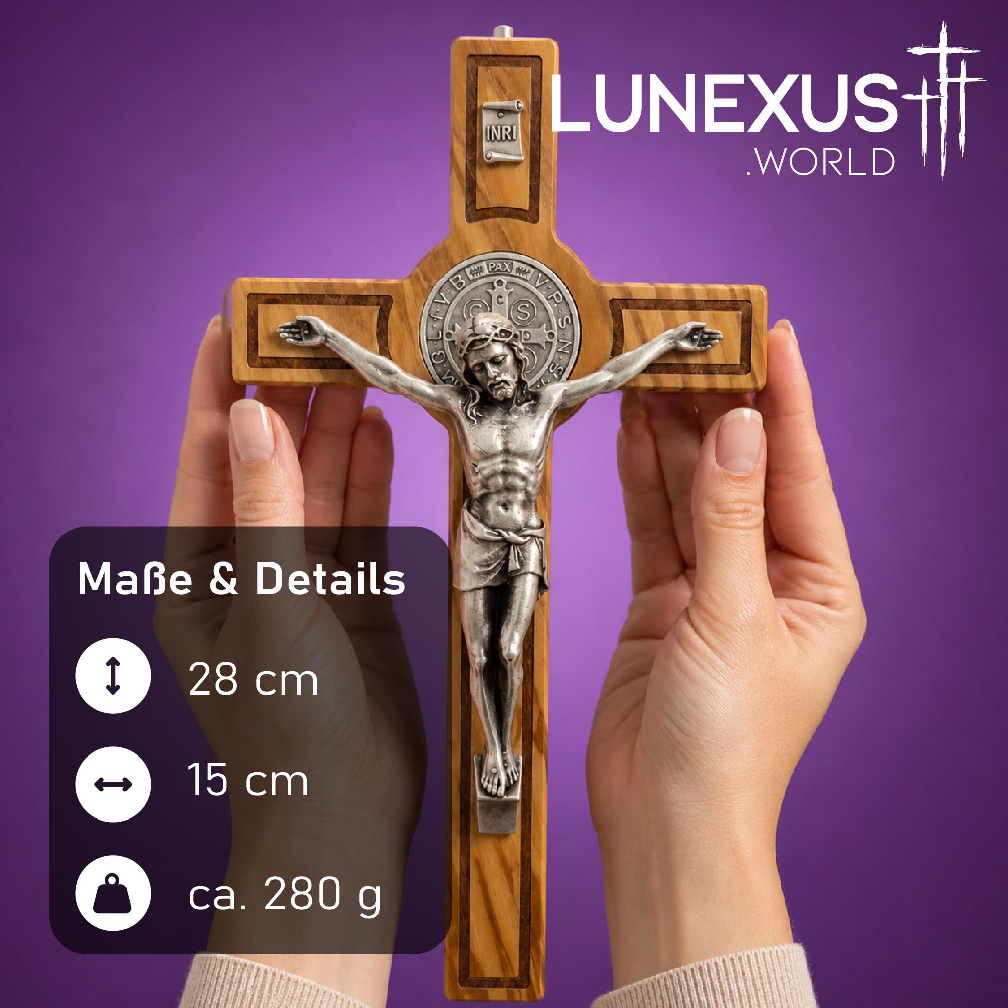 Lunexus Krzyż Benedyktyński z Drewna Oliwnego, 28x15 cm, Błogosławiony | Ręcznie wykonany krzyż z drewna oliwnego z Betlejem, 28x15 cm, z medalikiem św. Benedykta i certyfikatem błogosławieństwa.