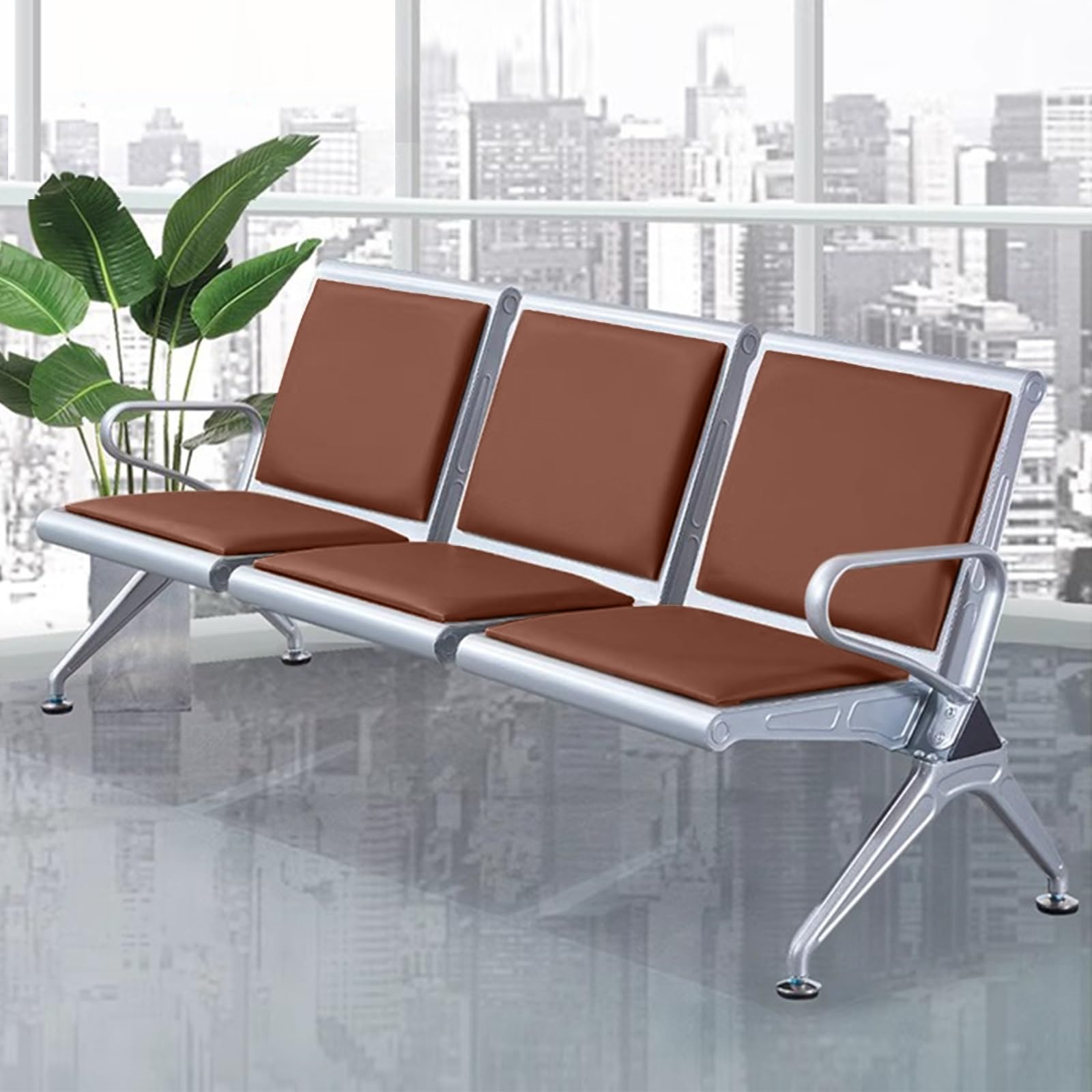 AYCDL 3-Seat Waiting Room Chair Airport Reception Bench with Backrest and Armrests Faux Leather Office Reception Seat for Bank School Lobby,Brown,Brown