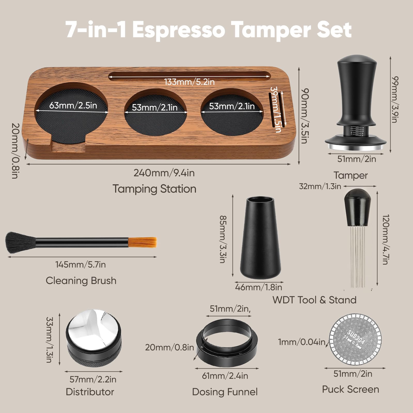 Prensador de Café, Tamper de Café de 51mm con EstacióN de Tamper, Nivelador de Café, Herramienta Wdt, Anillo Dosificador, Cepillo de Limpieza, Agitador, Pantalla de Disco