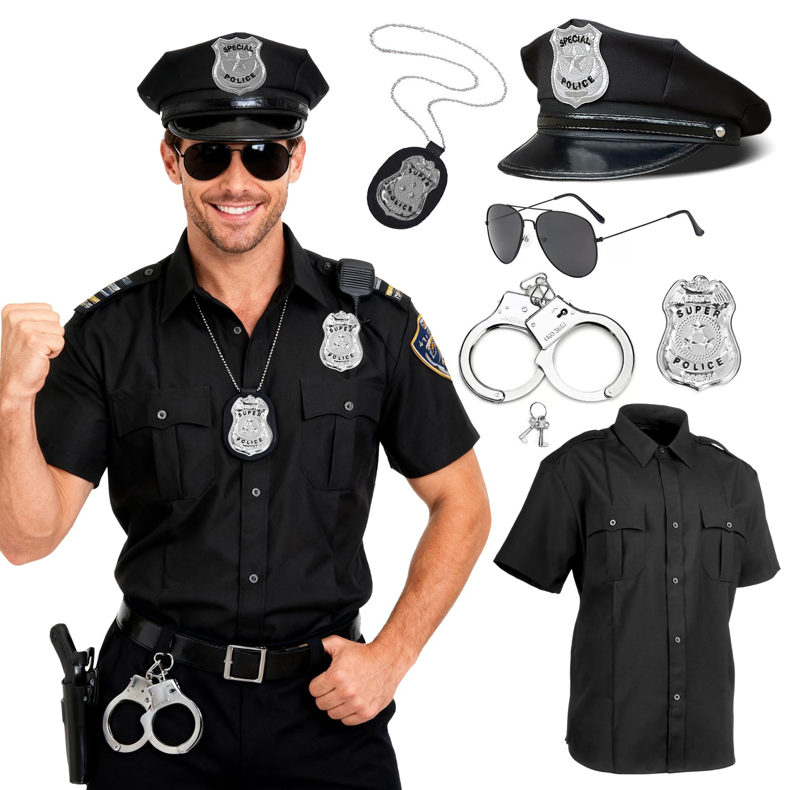 Adult Police Officer Costume 6PCS Set, Halloween Police Shirt with Accessories Unisex Adult Costume Includes Shirt Suitable for Men and Women Halloween Cosplay Outfits