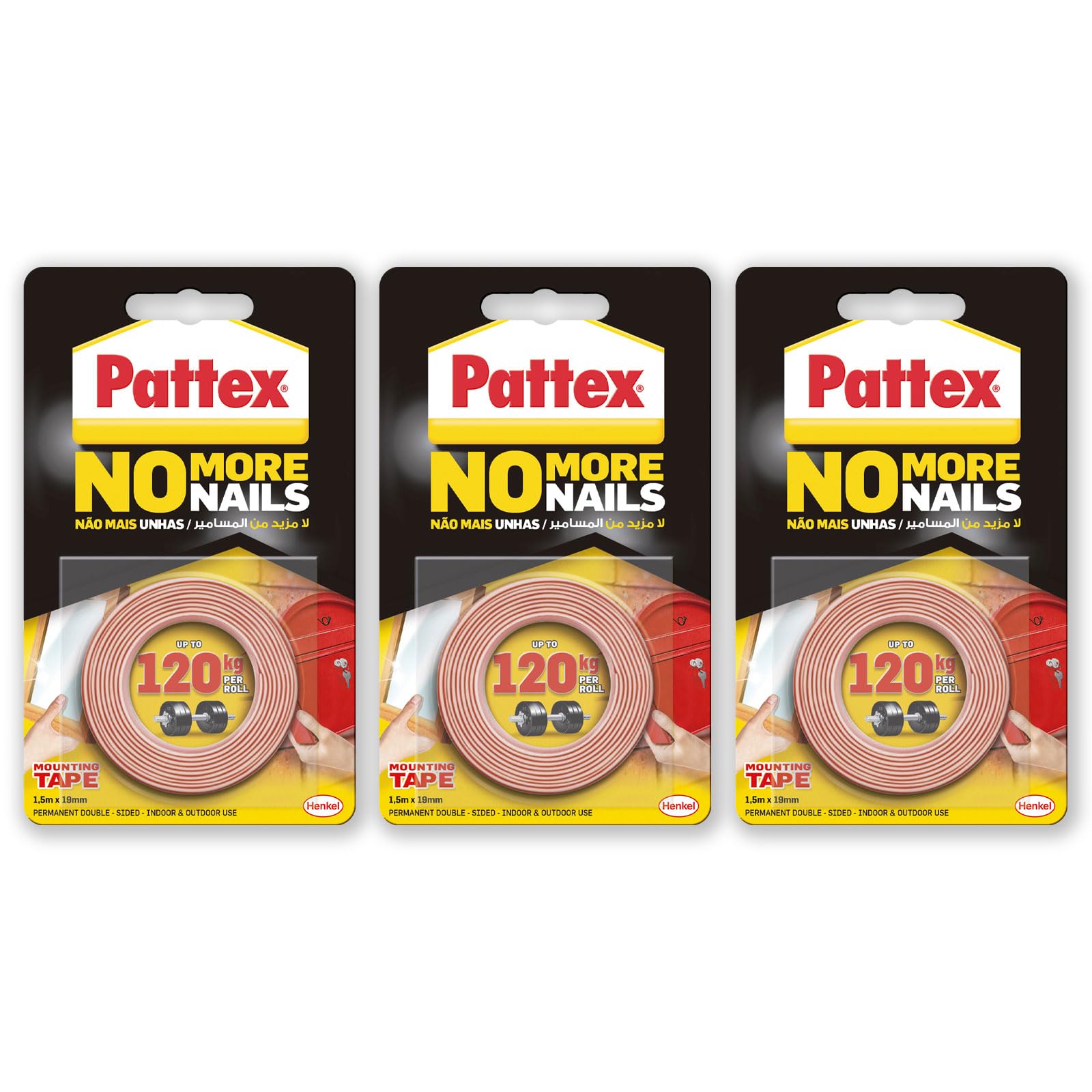 Pattex No More Nails Mounting Tape, All Purpose Double-Sided Foam Tape, Compatible with Mirror, Metal, Wood, Bricks, Stone, Tiles & More, Capacity: Upto 120kg/ Roll, 19mm x 1.5m Roll (Pack of 3)