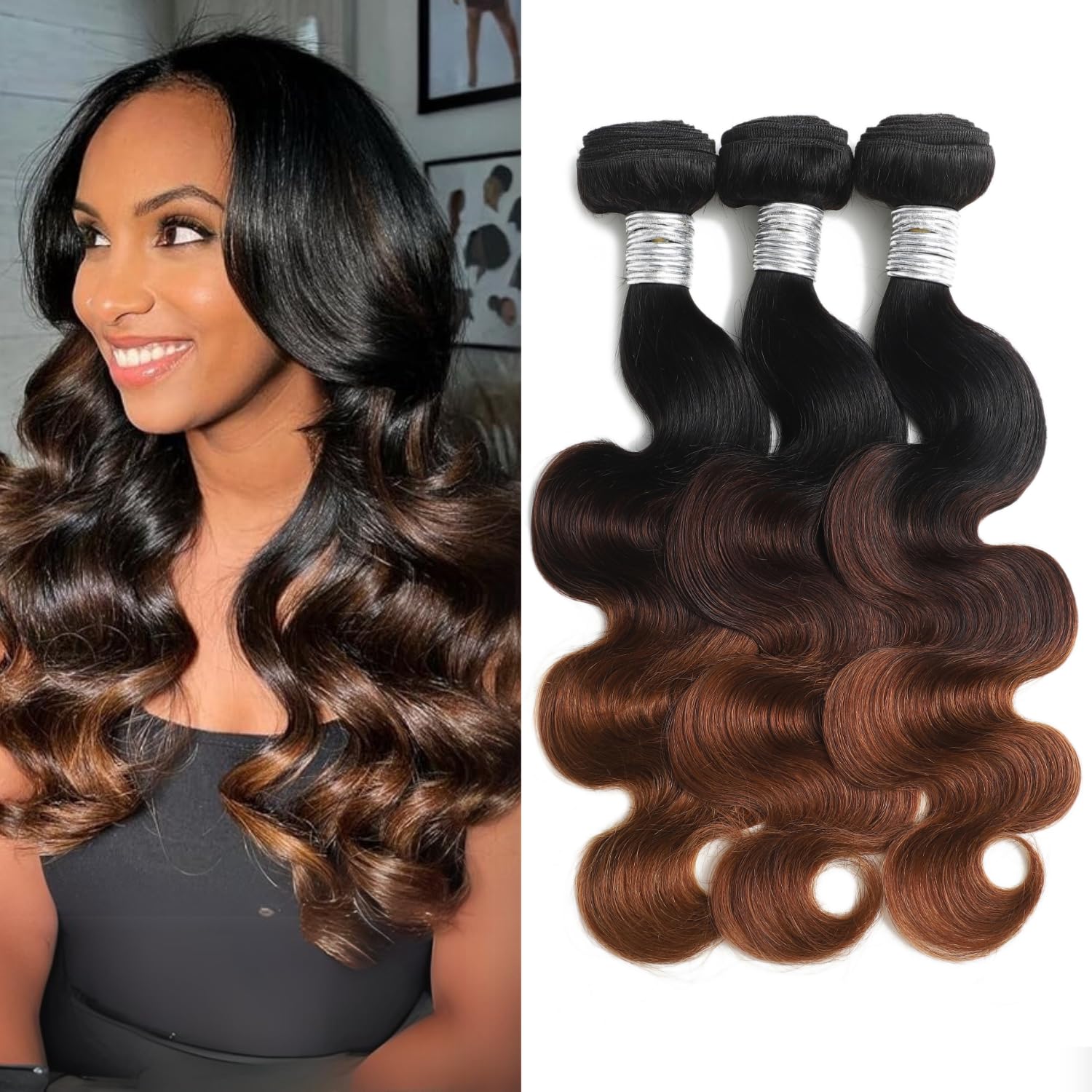 ANMETAN 12A Ombre Body Wave Bundles Human Hair 20/22/24 In, 3 Tone Color T1B/2/30 Chestnut Brown Ombre Human Hair 3 Bundles With Dark Root 100%