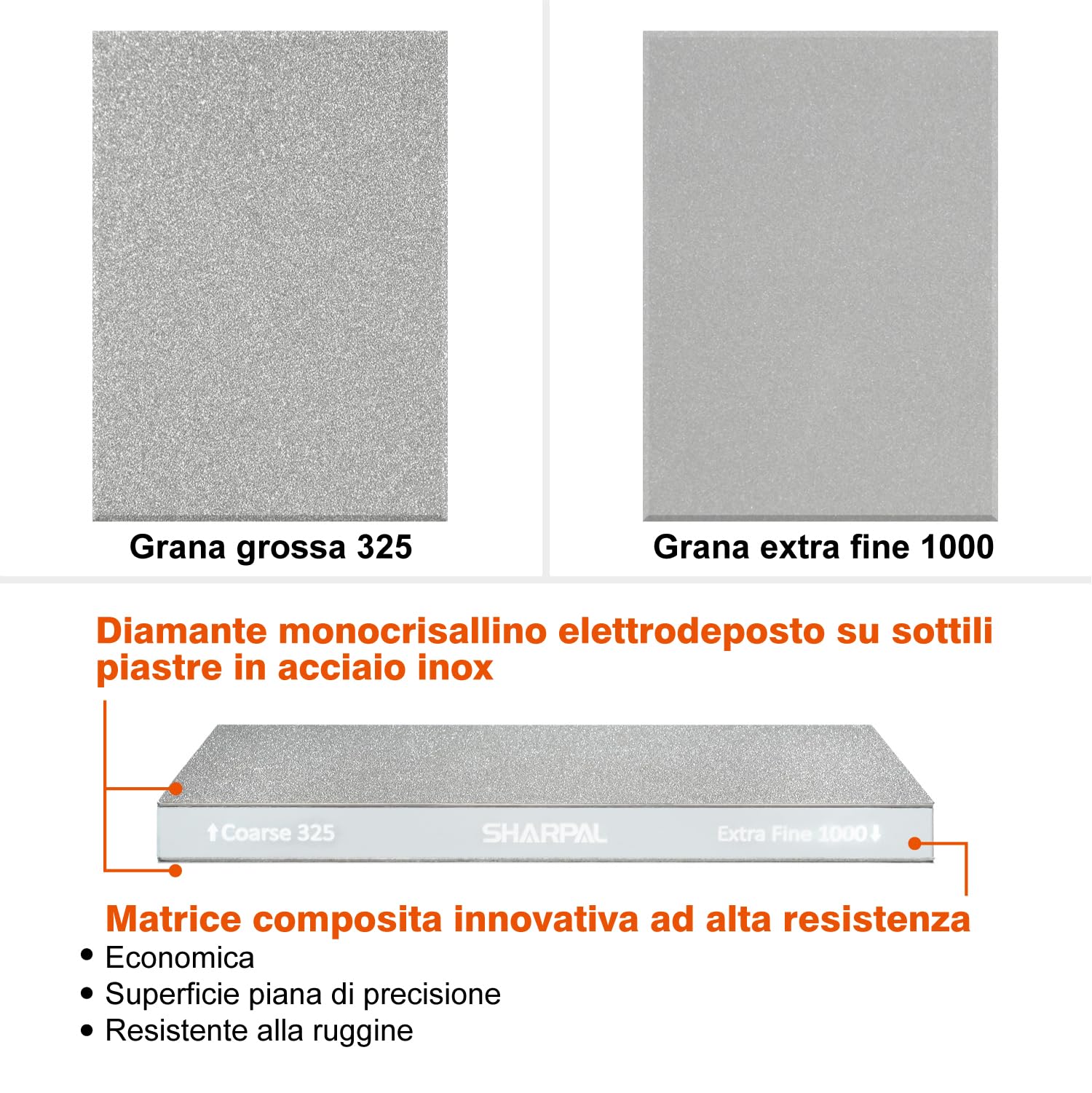 SHARPAL 168H Grande Pietra Affilacoltelli Professionale Diamantata a Doppia Grana 201 x 75 mm Grana Grossa 325 e Extra-Fine 1000 in Diamante Monocristallino, Regalo Festa del Papà