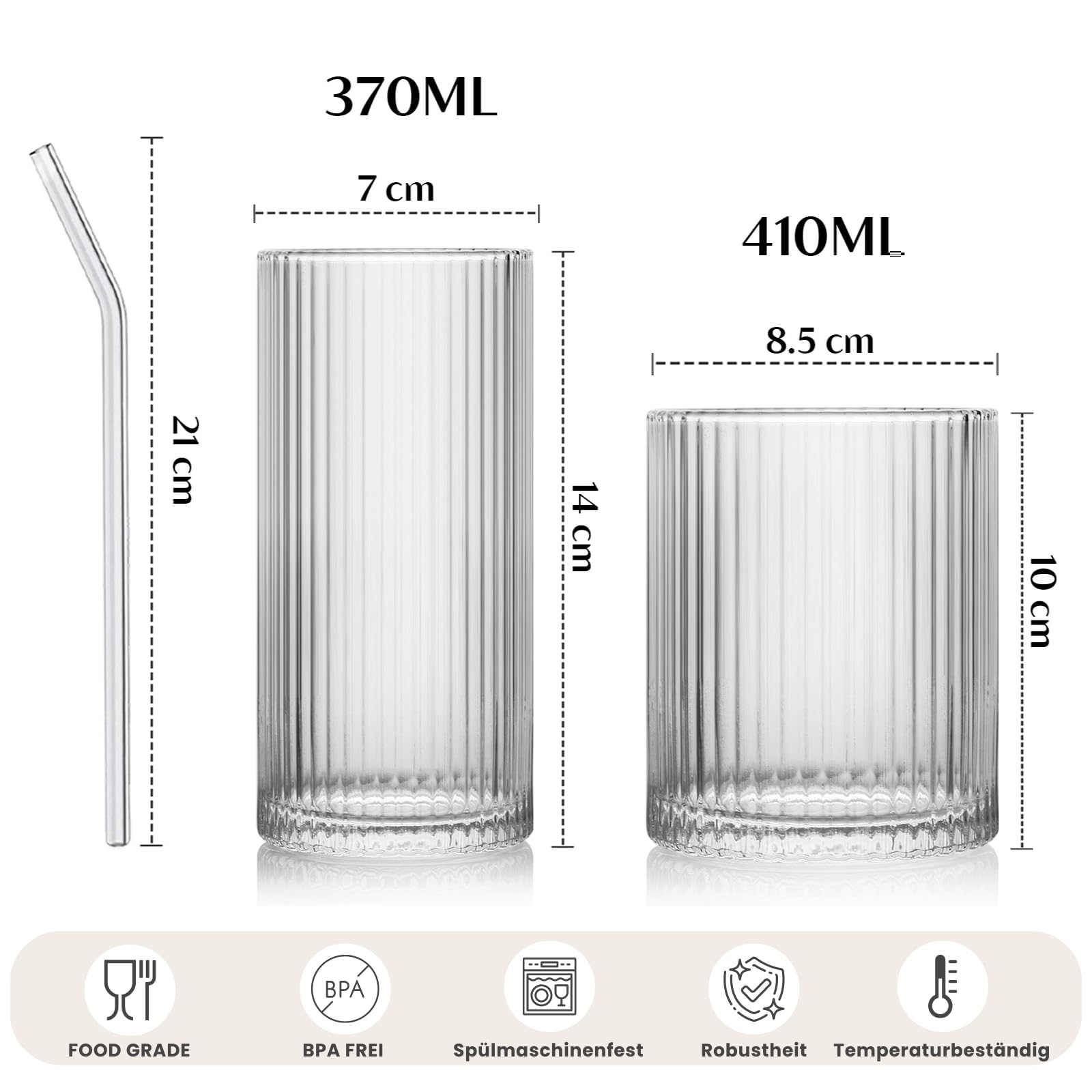 INSETLAN Set mit 8 Vintage-Glaswaren – 4 Highball-Gläser, 340 ml, 4 Rocks-Glasbecher, 400 ml, gerippte Glaswaren, Cocktailgläser, ideal für Wein, Saft, Wasser, Eiskaffeetasse, Whiskey, gemischte