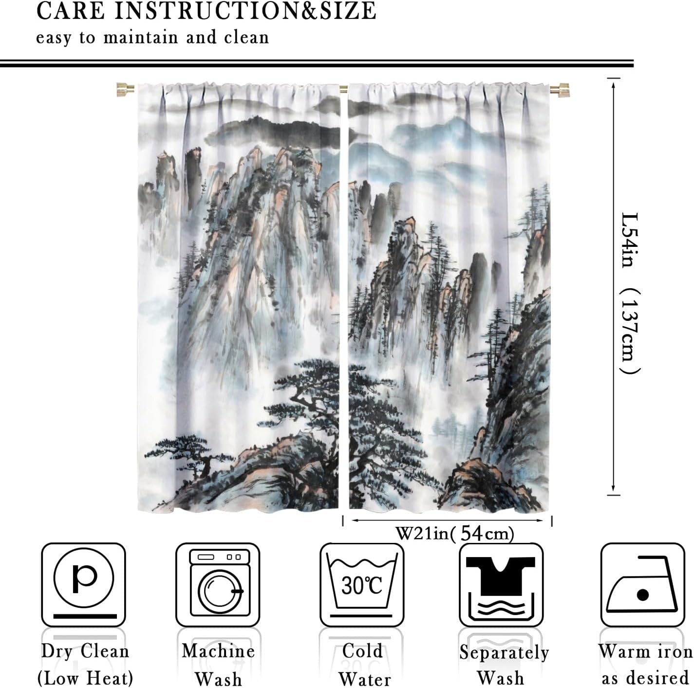 JESTRONRY Asian Window Curtains, Ink Painting Pine Trees Mountains Clouds Landscape Blackout Rod Pocket Window Drapes for Bedroom Living Room Asian Japanese Style W42xL54in