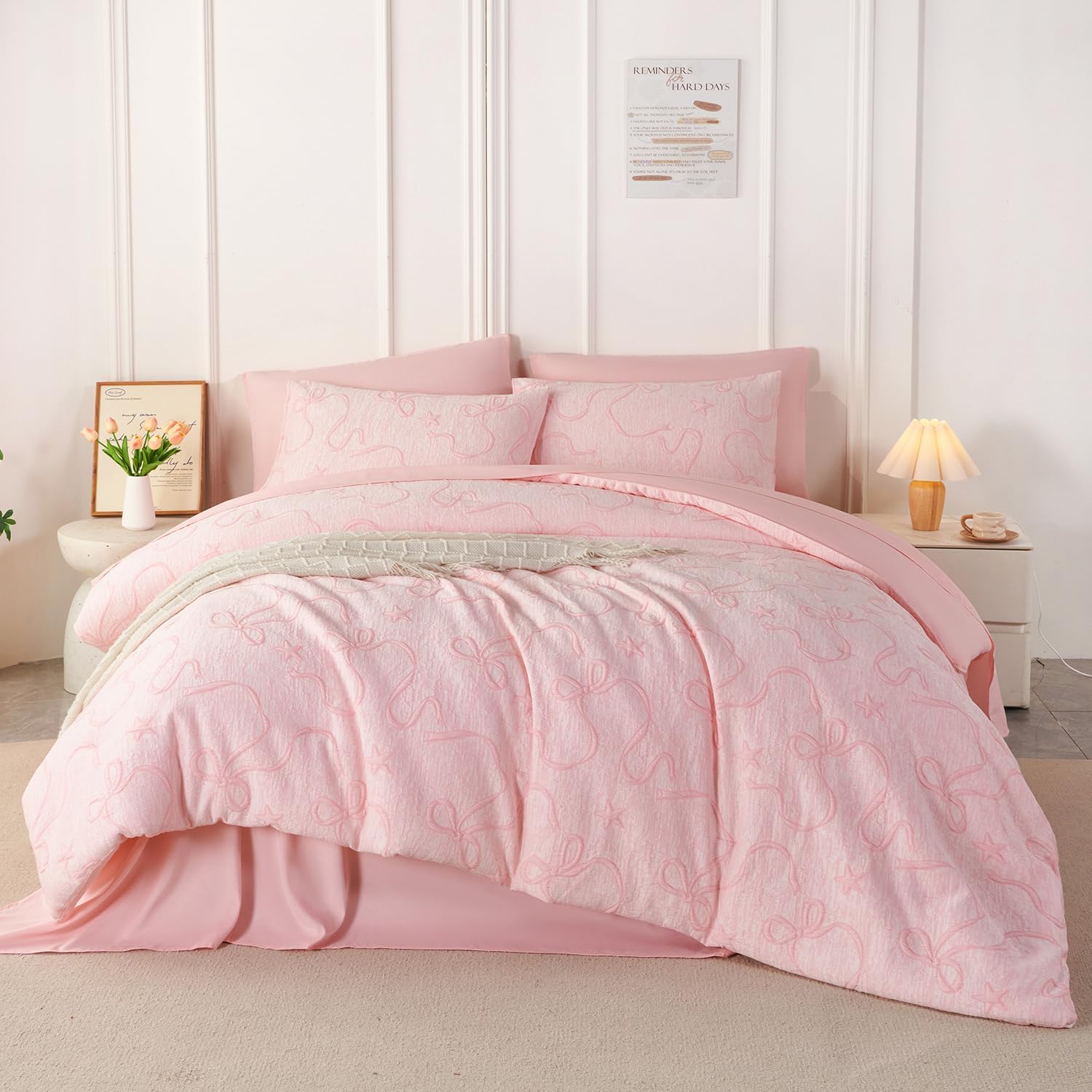Girls Bedding Set Full Size - 5 Pieces Pink Bow Comforter Set Full Bed in a Bag with Sheets, Soft All Season Embossed Bowknot Jacquard Bedding Comforter Set Cute Bedroom Decor