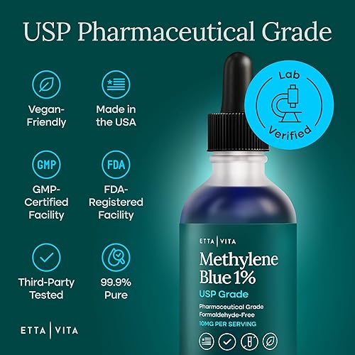 Miniatura 8 de Gotas de Azul de Metileno - Grado Farmacéutico USP 99.99% Puro Solución al 1% para Energía, Enfoque, Claridad, Cognición y Apoyo Celular - Probado