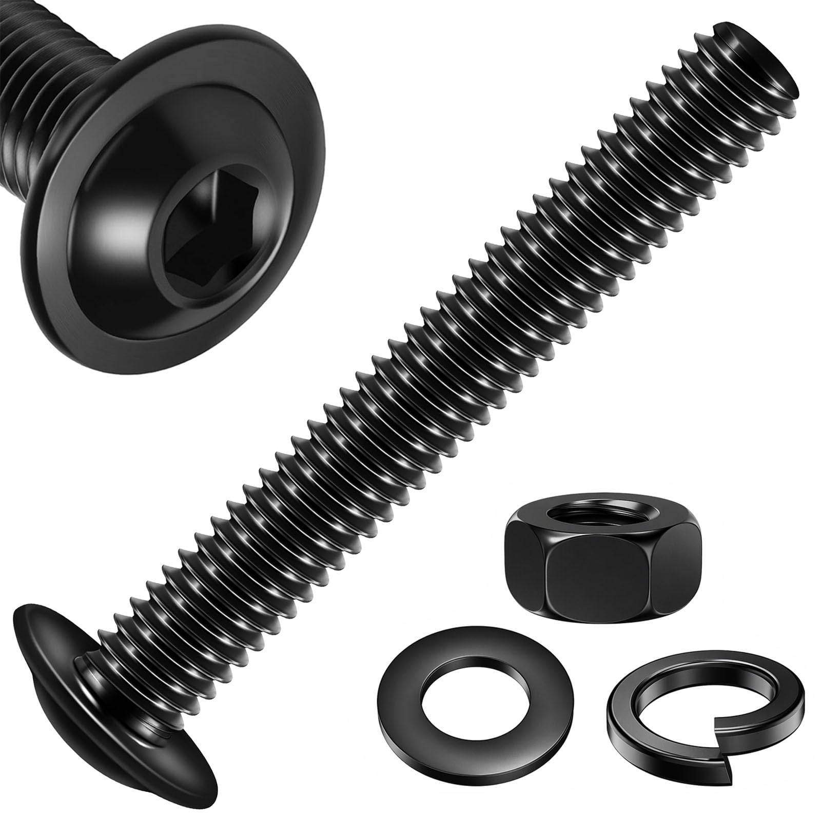 Zynthor 20Pcs M5 x 40mm Flanged Button Head Bolts with Nuts and Flat & Spring Washers, Black 10.9 Grade Alloy Steel Bolts and Nut Set for Machine Fastener