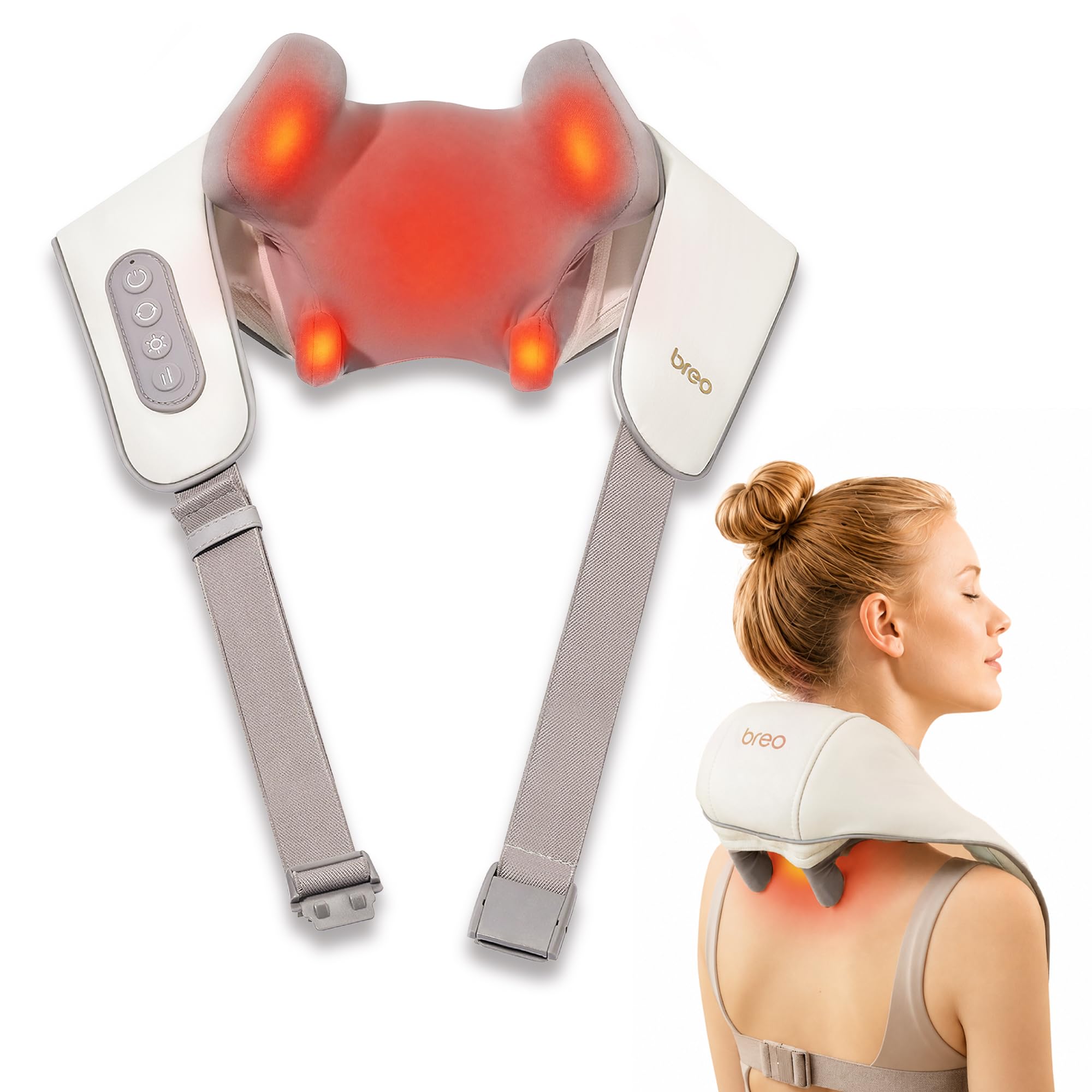 Breo Mini masajeador de cuello N5 con calor, almohada de masaje eléctrica para cuello y hombros, relajación muscular, amasado Shiatsu para aliviar el dolor tejido profundo en casa, regalos para mamá