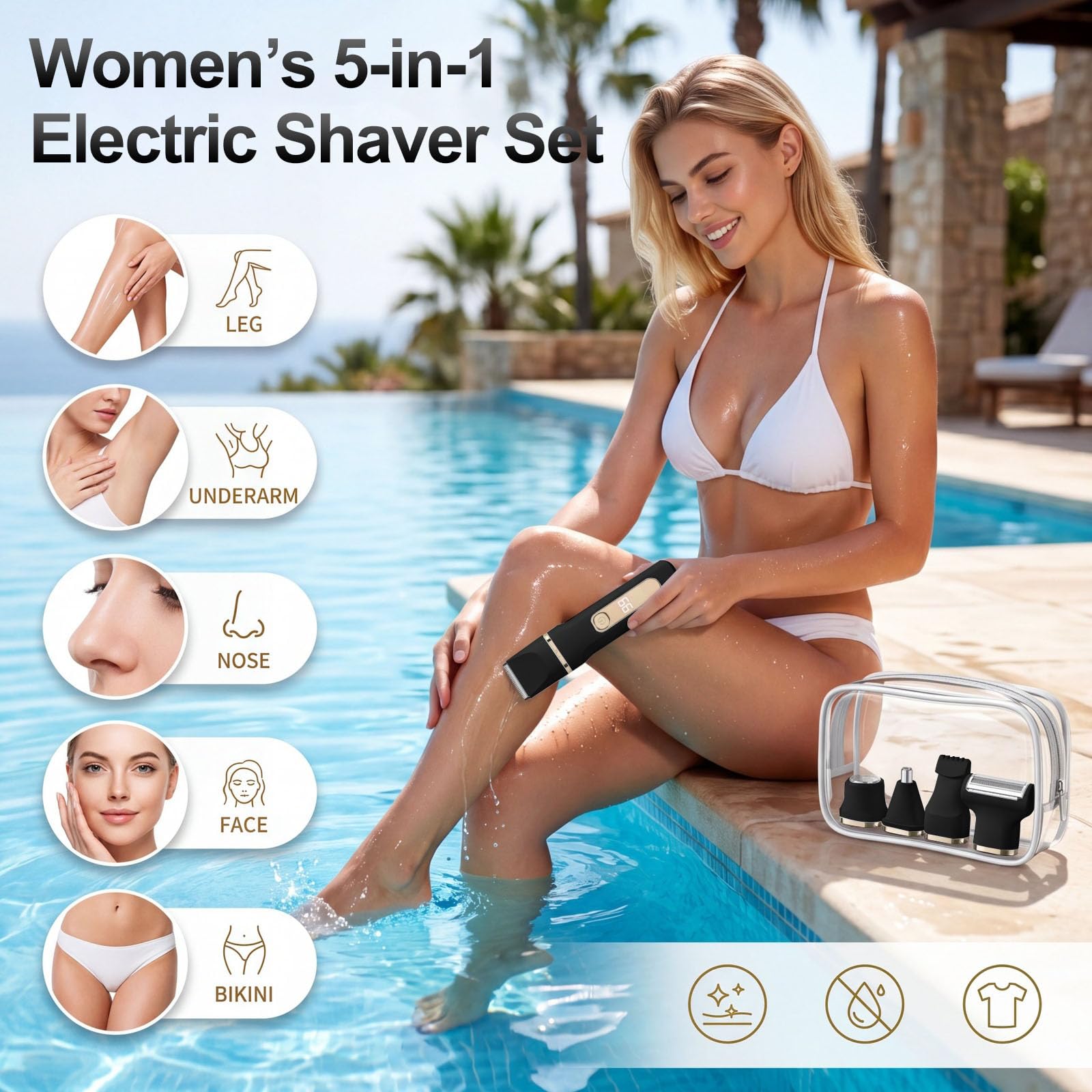 5-in-1 Elektrischer Damenrasierer, Bikini-Trimmer für Damen, wasserdicht, Schamhaar-Trimmer für Damen, Herren, Gesicht, Schamhaar, Rasur, mit 5 austauschbaren Klingenköpfen, USB-Aufladedock, Schwarz