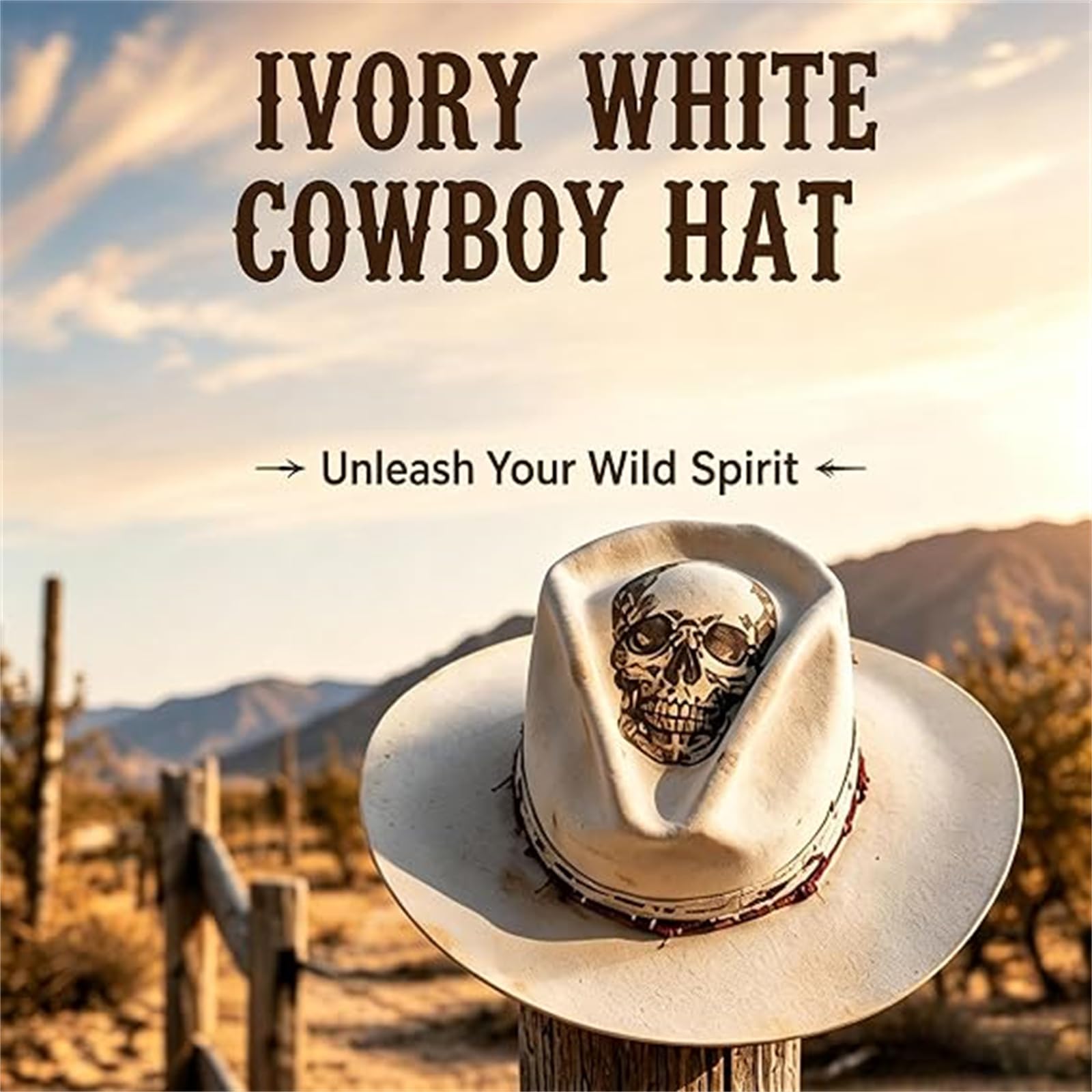 Cappello da Cowboy con Teschio Hellfire Bianco Avorio, Cappello da Cowboy Western Vintage Invecchiato con Fascia per Cappelli con Teschi per Rodeo, Concerto Country