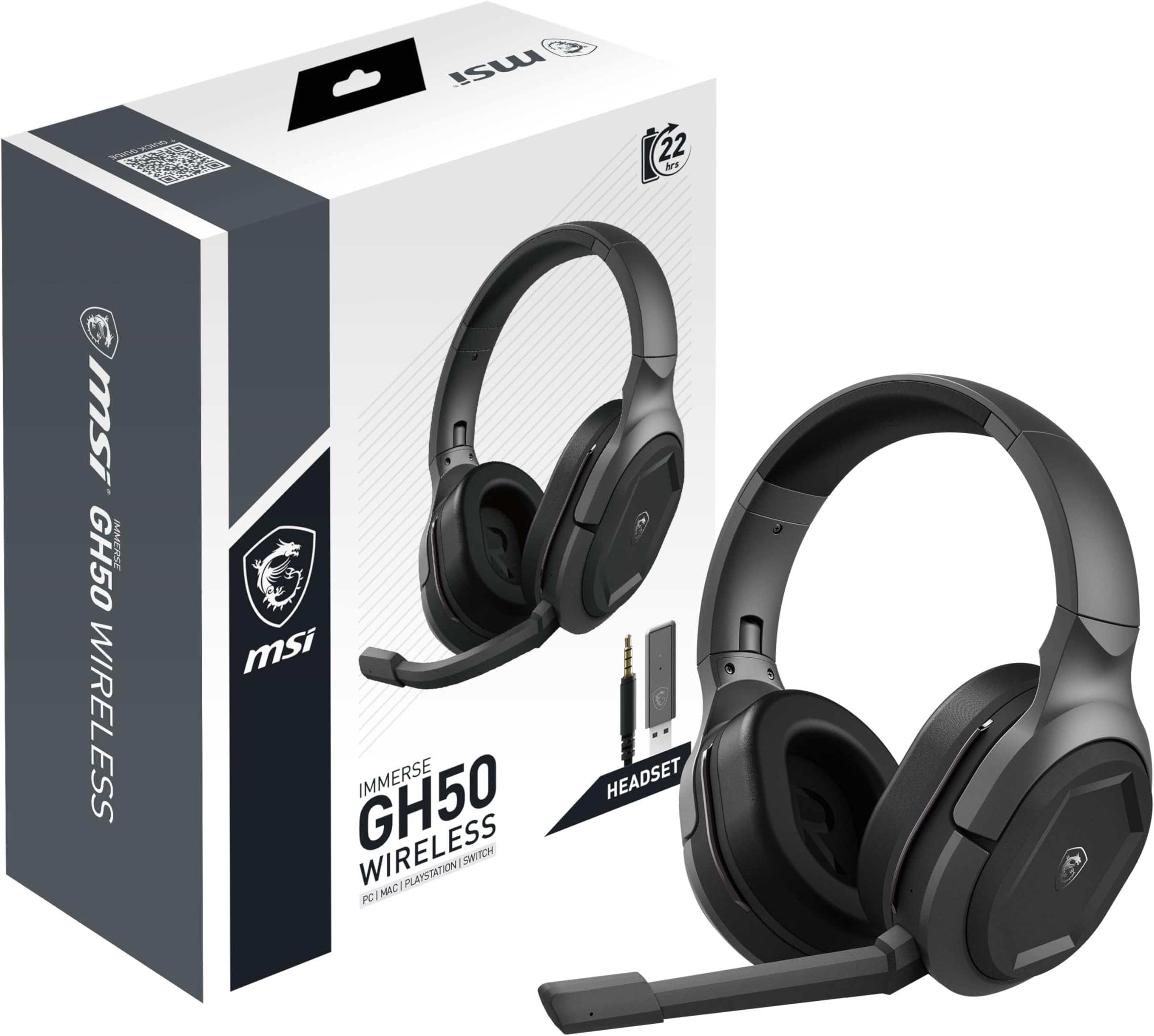 MSI Immerse GH50 Wireless Gaming Headset – 22 Hr Battery Life, 50mm Neodymium Drivers, Detachable Omnidirectional Mic, Lightweight Comfort, Cross Platform Connectivity