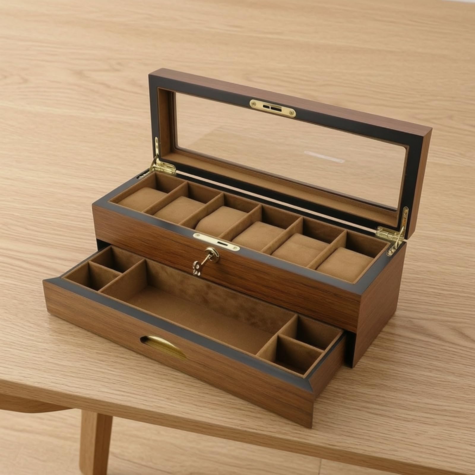 Organizador Relojes con Tapa Cristal Suave Joyero con Cierre Cómodo Organizadora Joyas Tapa Cristal para Coleccionistas, Caja De 6 Relojes De Doble Capa Con Cajón, Acabado En Teca