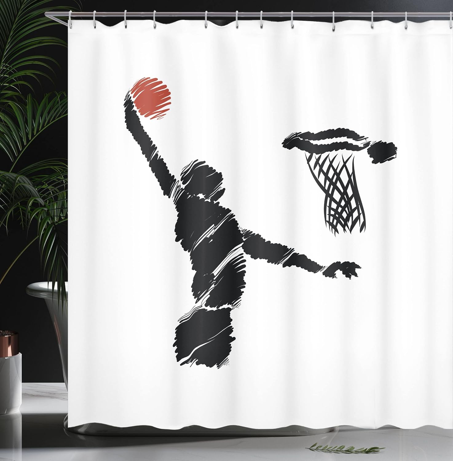 Ambesonne Youth Shower Curtain, Freehand Drawing Style Basketball Player Jumping Athlete Training Art, Cloth Fabric Bathroom Decor Set with Hooks, 69" W x 75" L, Cinnamon Black White
