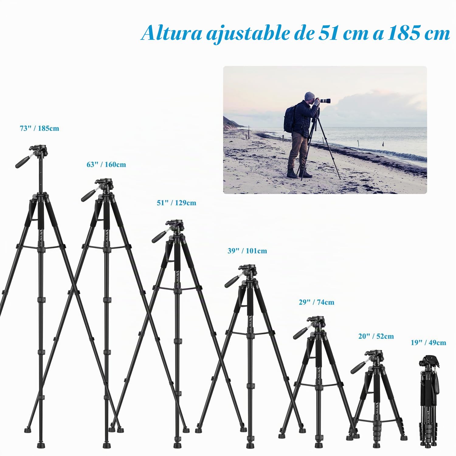 Victiv 185cm Tripode para Movil Alto, Tripode Camara para Nikon Canon Sony de Viaje, Aluminio Premium Trípode Cámara DSLR Reflex con Soporte para Telefono y 2 Placas de Liberación Rápida