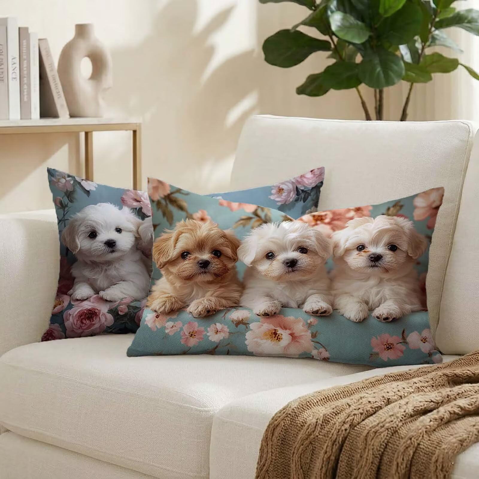 Coussin exterieur impermeable 50x80 lot de 2 housses aspect lin motif chien K-3020