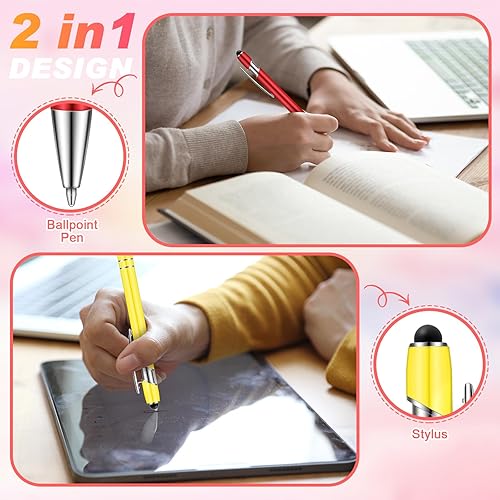 Miniatura 45 de 12 bolígrafos con punta de lápiz capacitivo, 0.039 in de tinta negra, bolígrafo de metal para pantallas táctiles, bolígrafo 2 en 1 (cian y oro rosa)