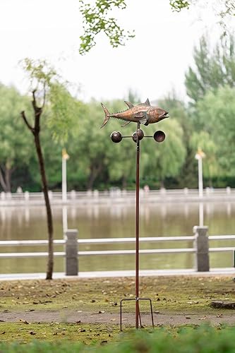 Miniatura 4 de Molinillo de viento de atún de metal para exteriores, 70 x 21 pulgadas, escultura de viento de pez azul de metal grande, arte de patio, estatuas