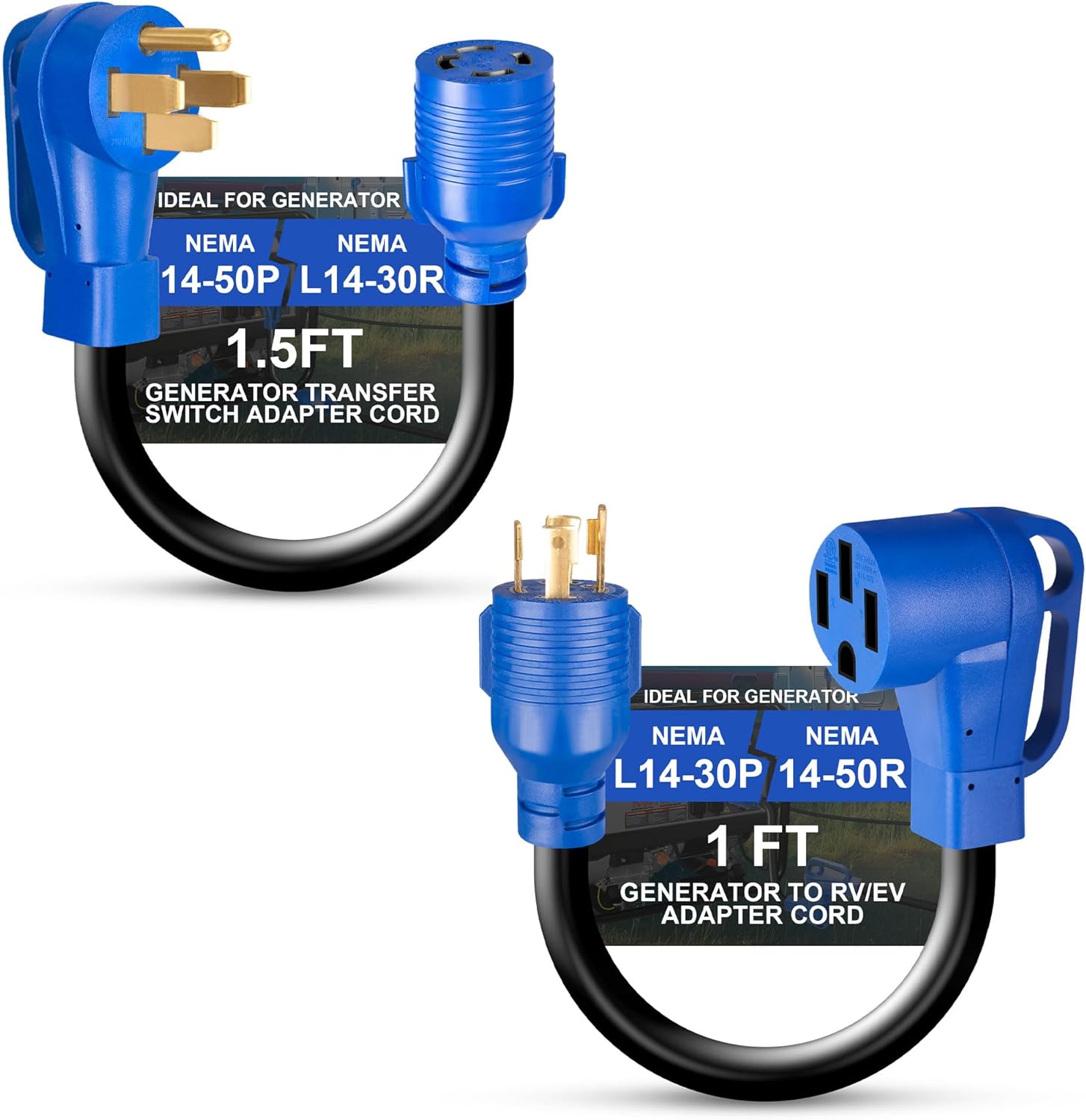 NEMA L14-30P to 14-50R and NEMA 14-50P to L14-30R Generator Transfer Switch Adapter Cord, 50A Male to 30A Female 250V Generator RV EV Dryer House Adapter