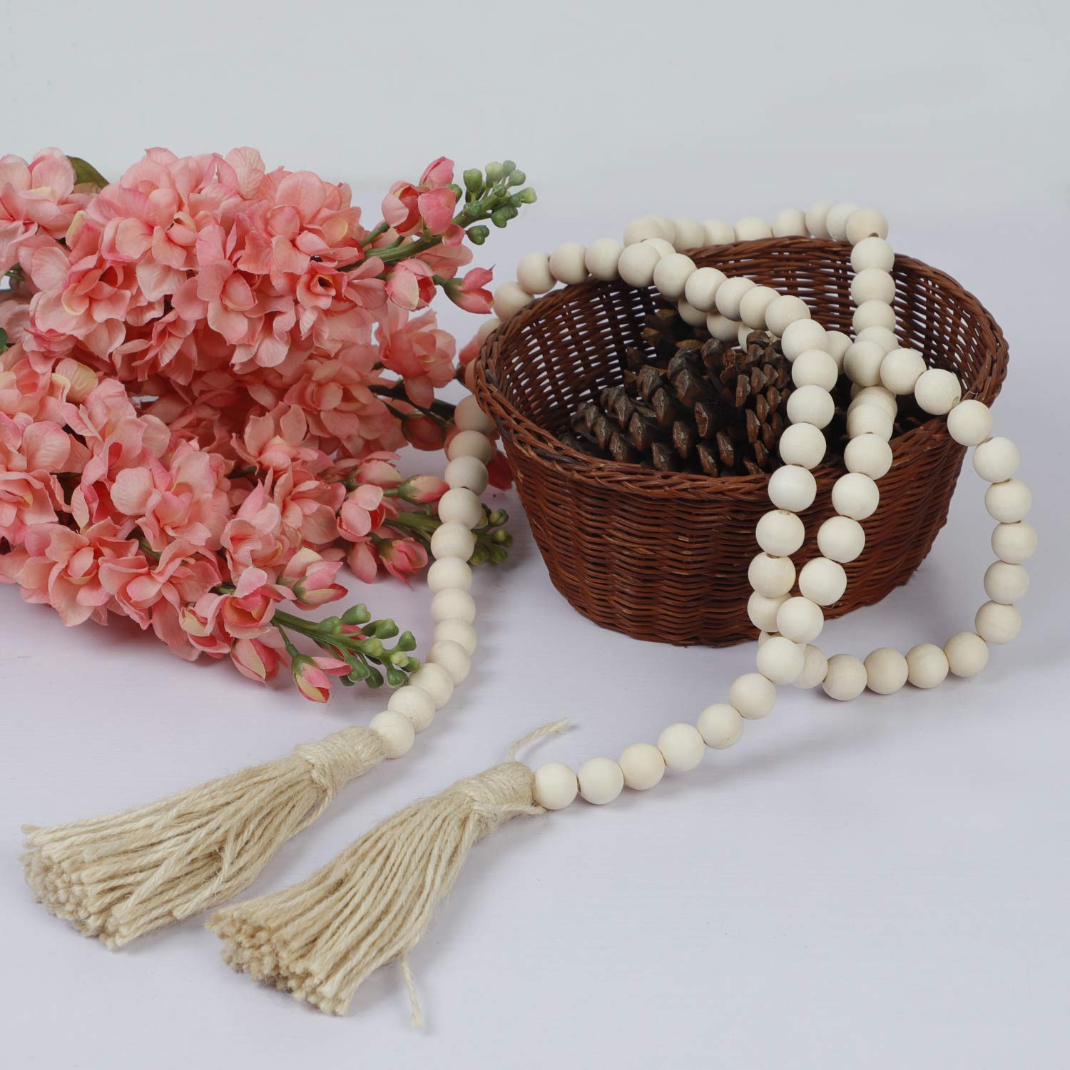 ZOENHOU Lot de 5 guirlandes de perles en bois avec pompons - 145 cm - Décoration créative rustique pour maison de campagne - Décoration à suspendre au sapin de Noël