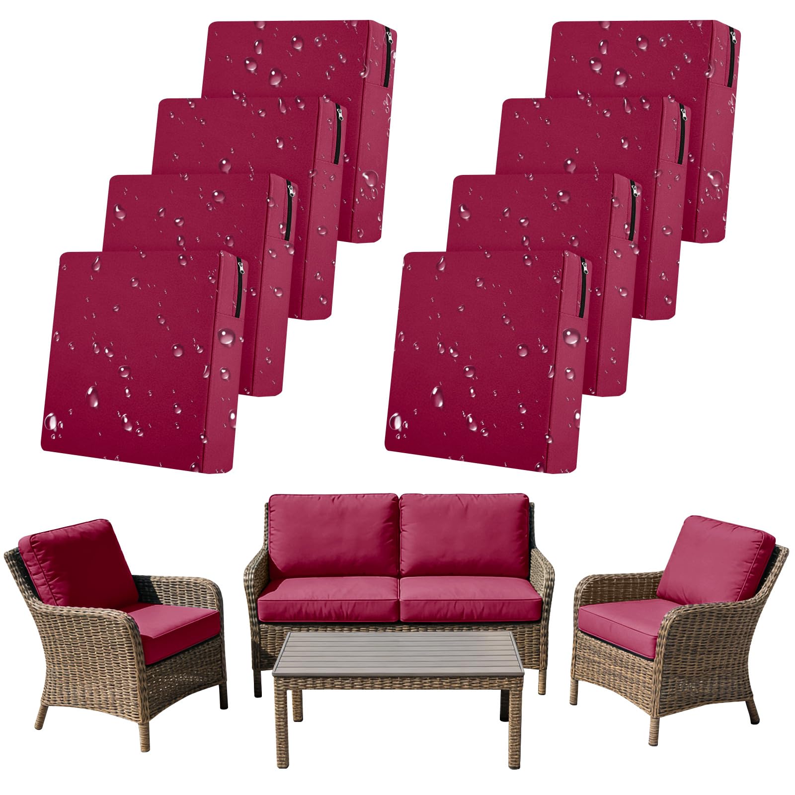 SYLC 8Pcs Outdoor Cushion Covers Waterproof Patio Cushion Covers Replacement with Zipper, Garden Rattan Sofa Seat Slipcovers Furniture Protector (Magenta,4pcs 60×60cm＋2pcs 55×45cm＋2pcs 55×50cm)