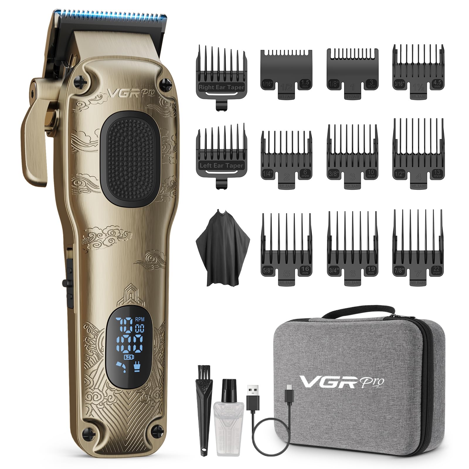 VGRPRO Tondeuse Cheveux Hommes Professionnel, tondeuse homme sans fil avec étui, Électrique kit de coupe pour maison & coiffeur, écran LED, cadeau homme (Gloden)