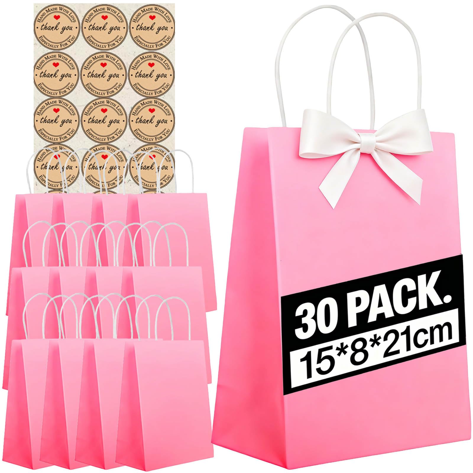 30Pcs Small Paper Bags With Handles, Paper Gift Bags (21x15x8cm), 130GMS Thicken Kraft bags Party Favor Shopping includes lables for Favor Birthday Party Wedding Shopping Retail (Rose Pink-30PCS)