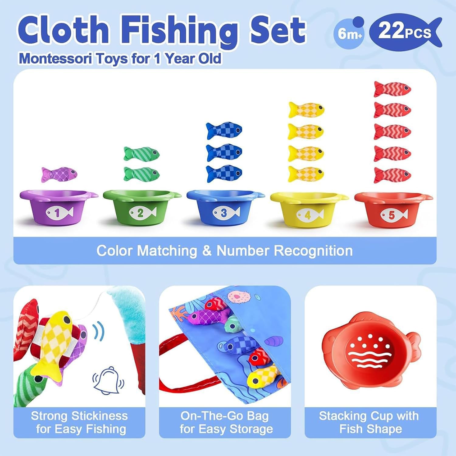 Montessori Toys for 1 Year Old, Cloth Fishing Game Toddler Toys with Stacking Cups, Learning Toys for 1 2 3 Year Old Boy Girl Birthday Gifts,Color Sorting Baby Toy 12-18 Months