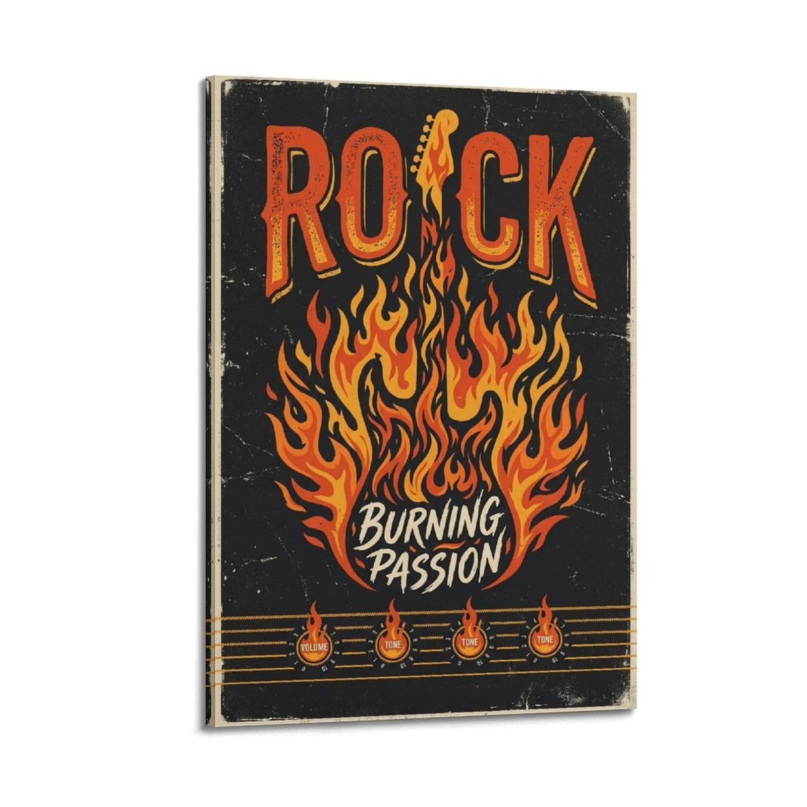 OKNGB Poster decorativo da parete in stile vintage, motivo chitarra di fuoco che brucia e passione rock, poster decorativo su tela, poster decorativo moderno per camera da letto, 40 x 60 cm
