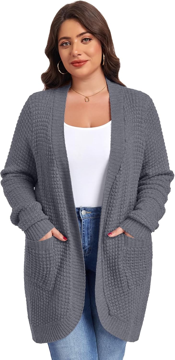 LARACE Long Cardigans for Women Plus Size Tops Open Front Sweaters with Pockets Waffle Ribbed Sleeve Loose Fall Outwear - Image 6