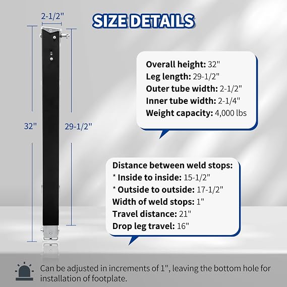179014, RV Follow Fifth Wheel Landing Gear Leg Compatible with Lippert Venture, Universal 29-1/2 Landing Gear Jack for Atwood & Stromberg Carlson Landing Gear Systems | with Drop Leg and Cage Pin