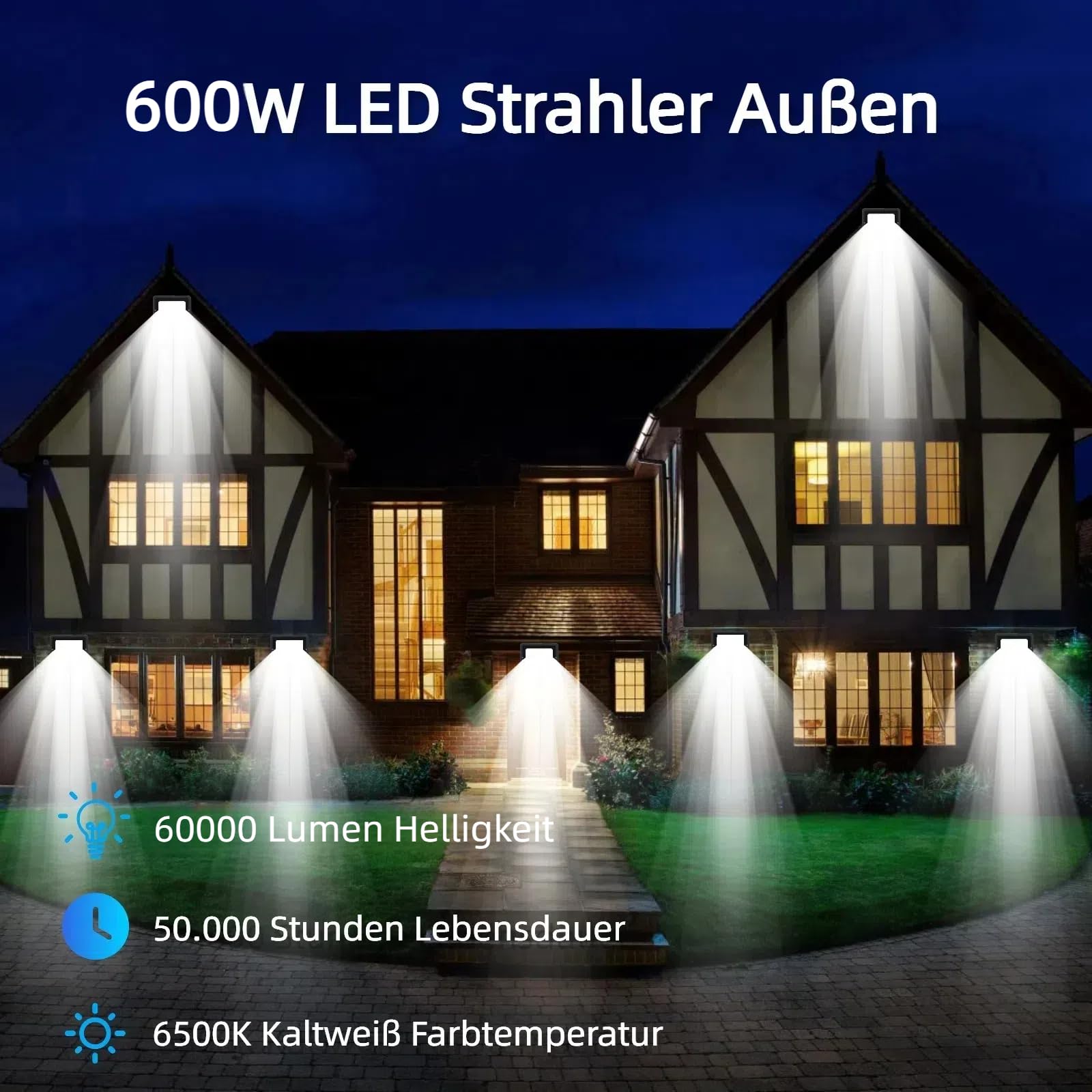 Reflektor LED 600 W, bardzo jasny, 60000 lm, 6500 K, zimna biel, IP66, wodoszczelny reflektor LED, kabel 50 cm, bez wtyczki, lampa zewnętrzna do ogrodu, na podwórko, korytarz