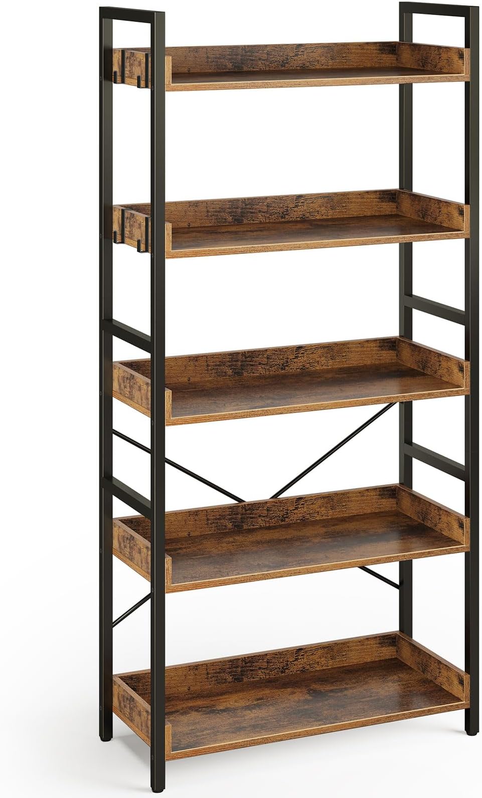 Rolanstar Bookshelf 5 Tier with 4 Hooks, Industrial Wood Bookcase, Vintage Storage Rack with Open Shelves, Rustic Standing Bookshelves Display Rack for Living Room, Bedroom, Rustic Brown
