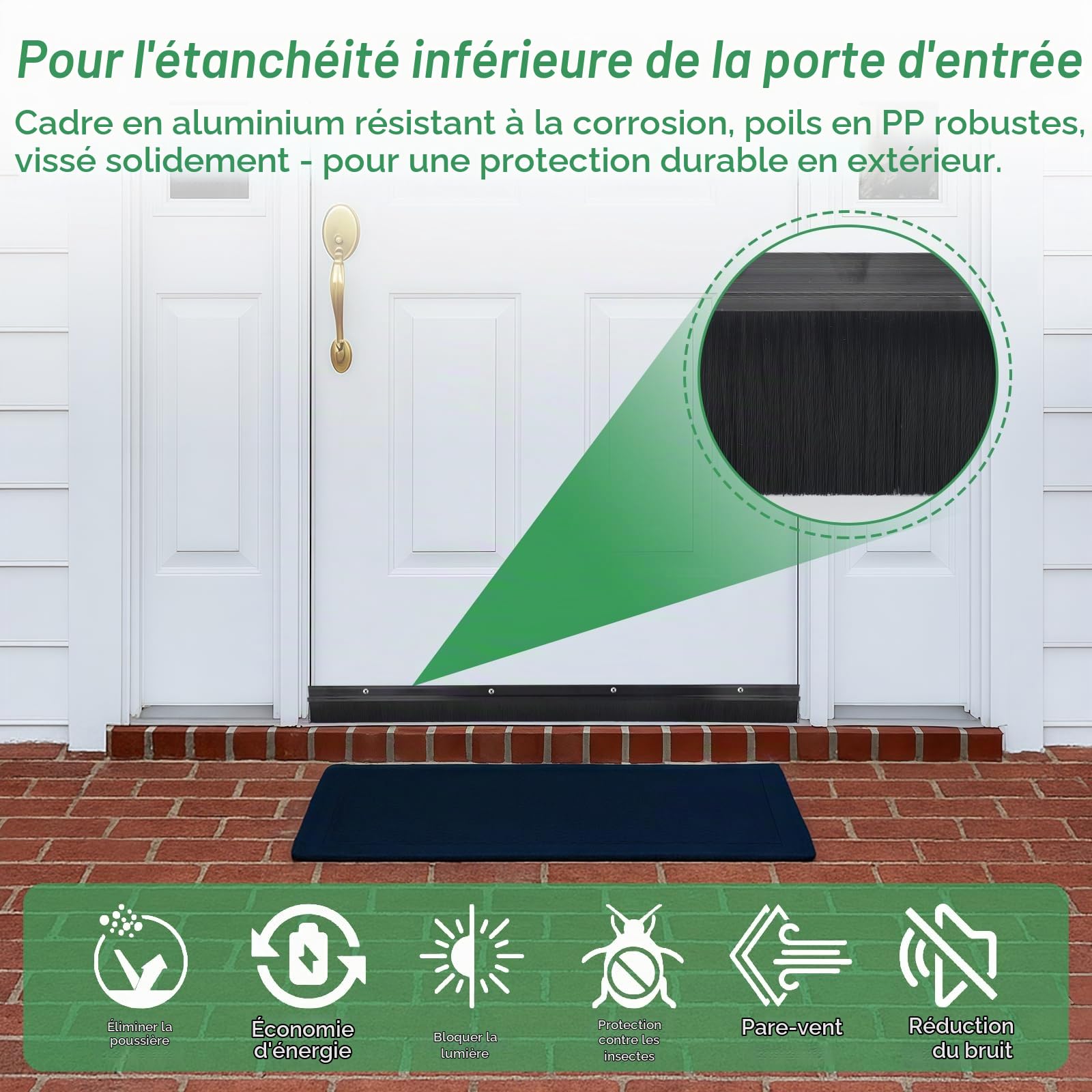 Joint brosse en 2 pièces, brosse à bande, joint de porte en aluminium profilé en H, brosse de porte avec brosse en PP pour une utilisation intérieure et extérieure, coupe-froid, (100x10cm)