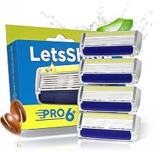 LetsShave Pro 6 Plus Lite Manual Shaving Razor Blades Refills (Cartridge), Pack of 4, World's First 6-Blade & Precison Back Blade with Argan Oil & Aloe Vera Infused Moisture Bar, Blades for Men